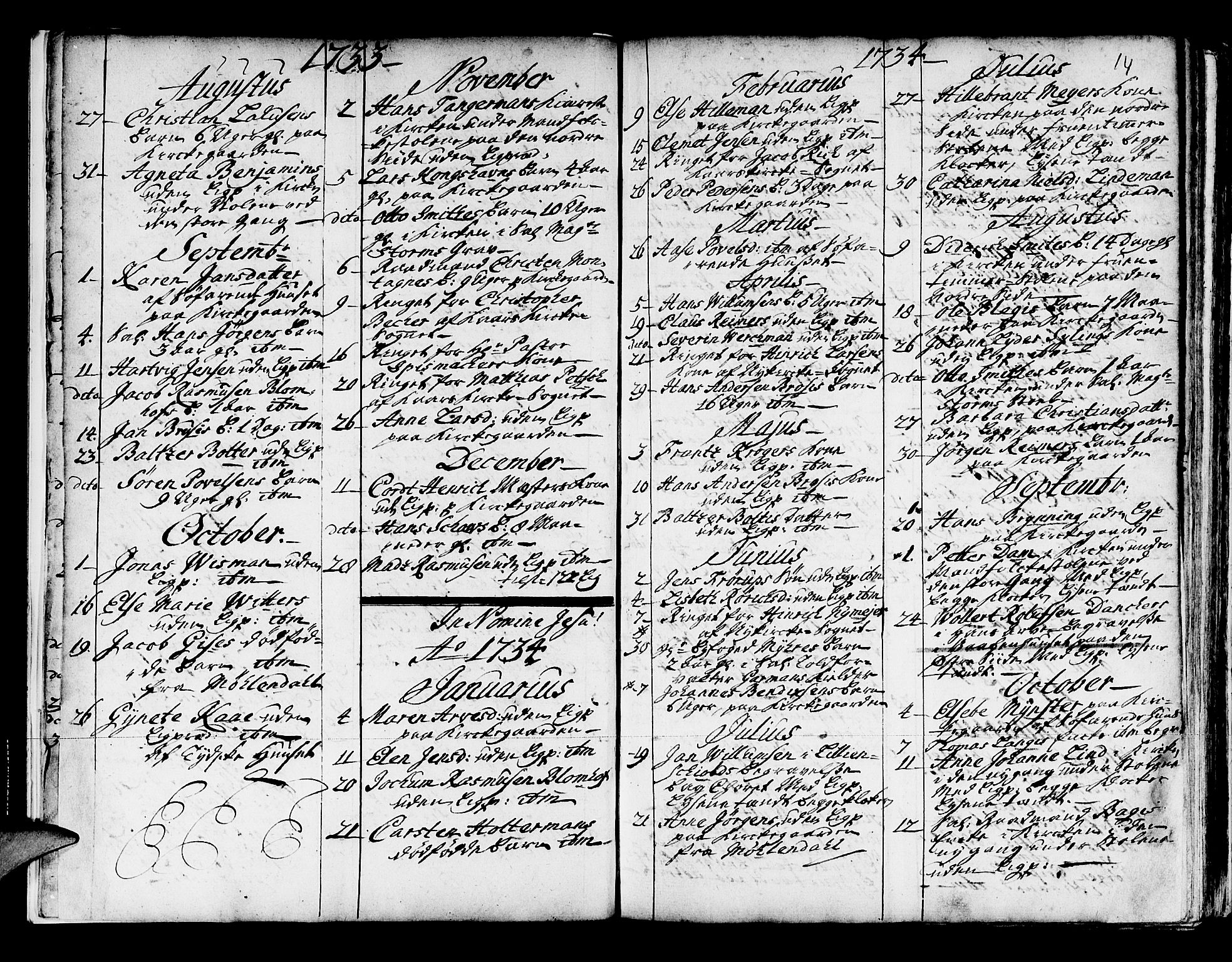 Domkirken sokneprestembete, SAB/A-74801/H/Haa/L0008: Parish register (official) no. A 8, 1725-1775, p. 14