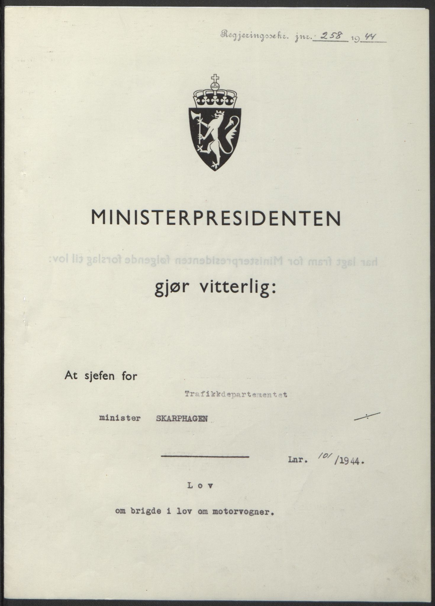 NS-administrasjonen 1940-1945 (Statsrådsekretariatet, de kommisariske statsråder mm), RA/S-4279/D/Db/L0100: Lover, 1944, p. 480