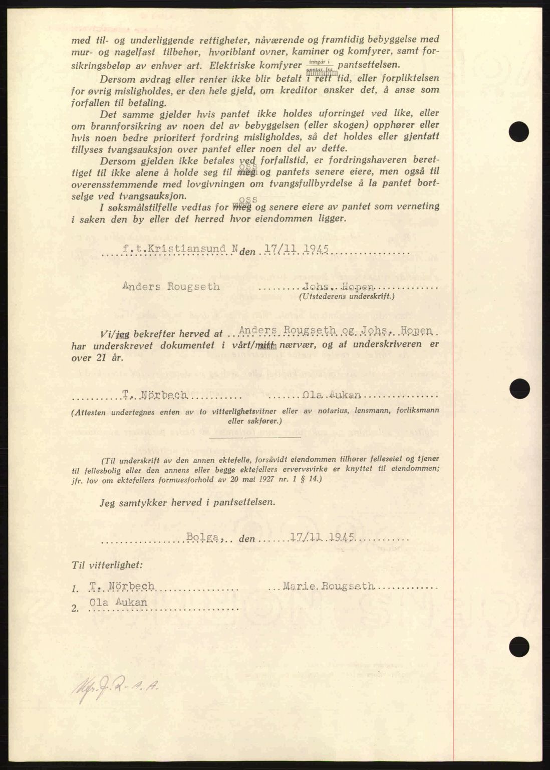 Nordmøre sorenskriveri, AV/SAT-A-4132/1/2/2Ca: Mortgage book no. B93a, 1945-1945, Diary no: : 1565/1945