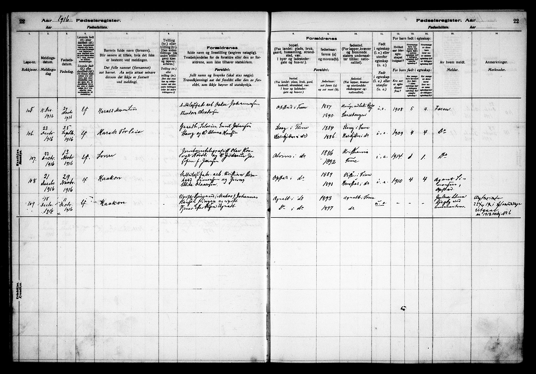 Tune prestekontor Kirkebøker, AV/SAO-A-2007/J/Ja/L0001: Birth register no. I 1, 1916-1928, p. 22