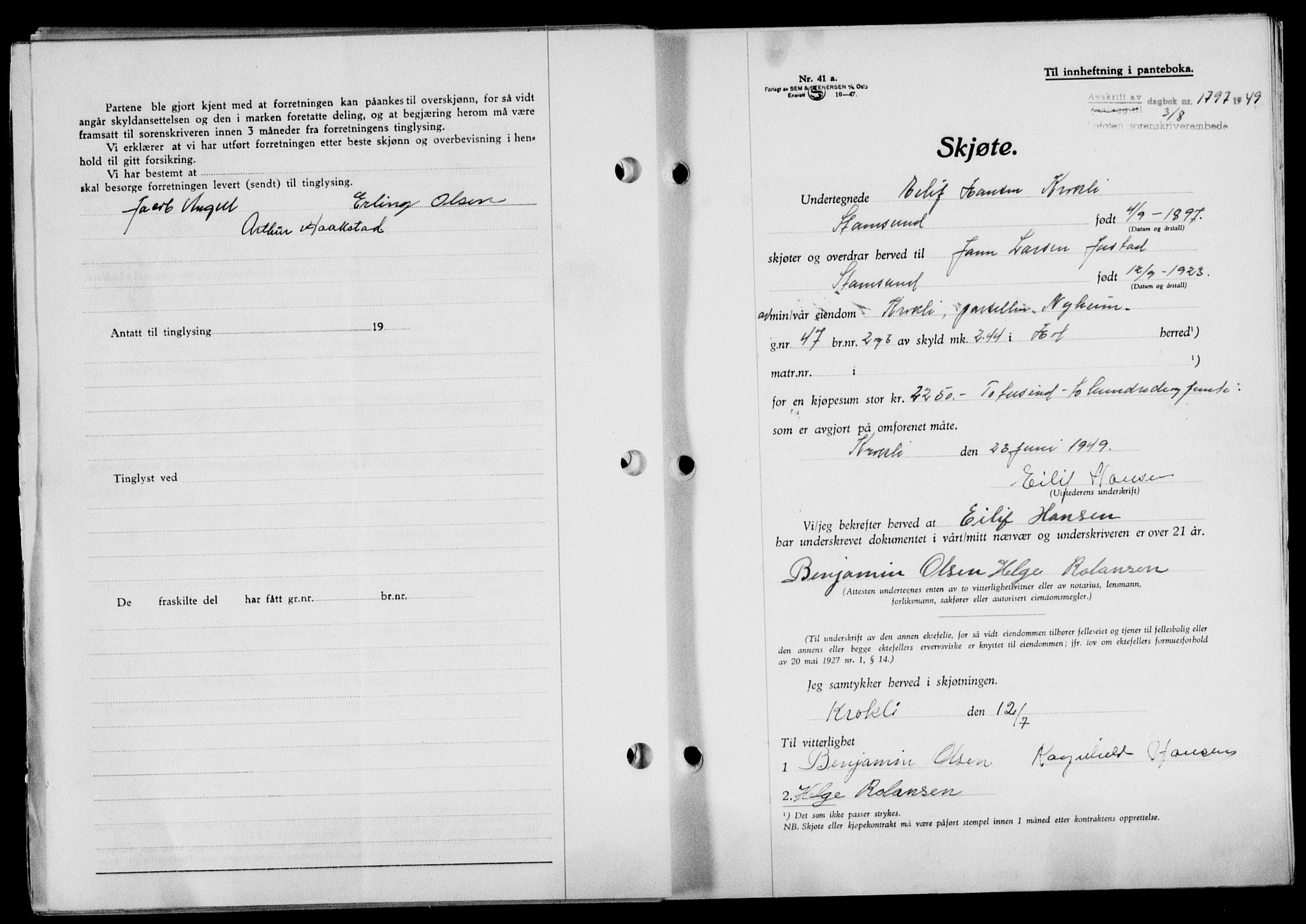 Lofoten sorenskriveri, SAT/A-0017/1/2/2C/L0021a: Mortgage book no. 21a, 1949-1949, Diary no: : 1797/1949