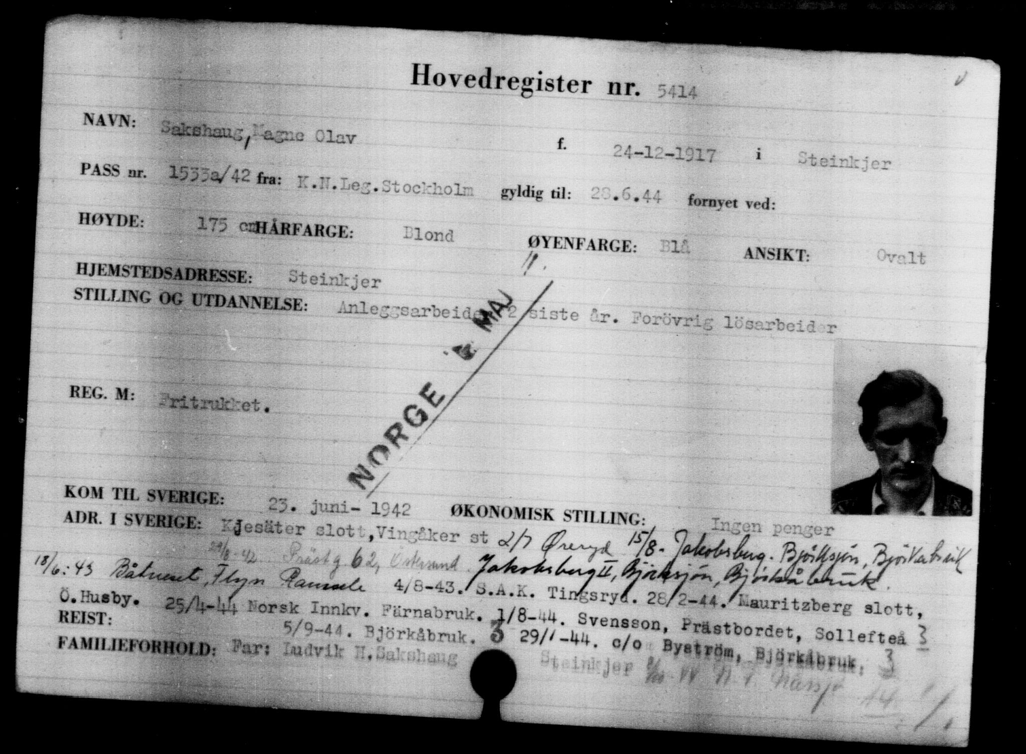 Utenriksstasjonene, Legasjonen i Stockholm, Flyktningkontoret, AV/RA-S-6753/V/Va/L0004: Kjesäterkartoteket, flyktninger med registreringsnr. 3496-6610, 1940-1945, p. 2213