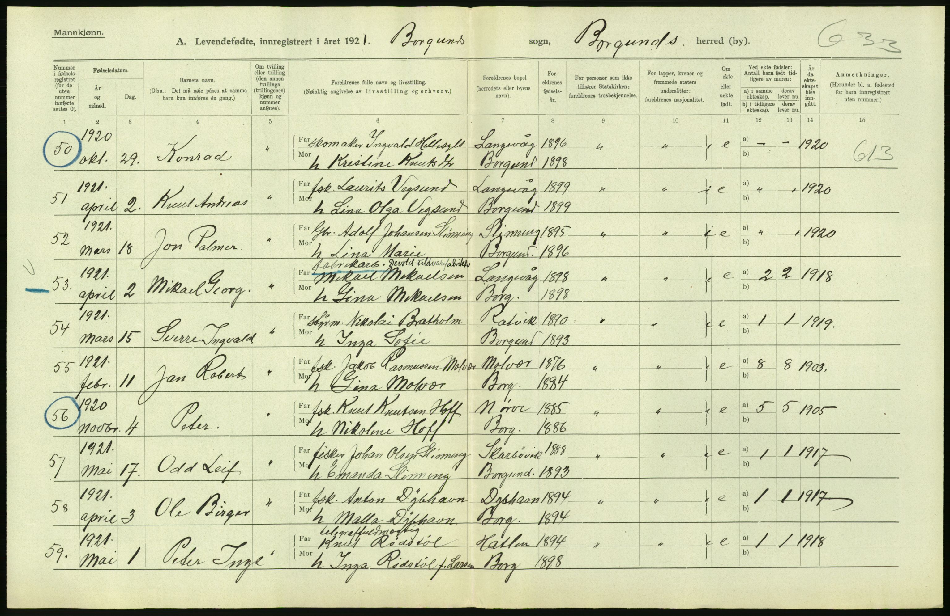 Statistisk sentralbyrå, Sosiodemografiske emner, Befolkning, AV/RA-S-2228/D/Df/Dfc/Dfca/L0040: Møre fylke: Levendefødte menn og kvinner. Bygder., 1921, p. 130