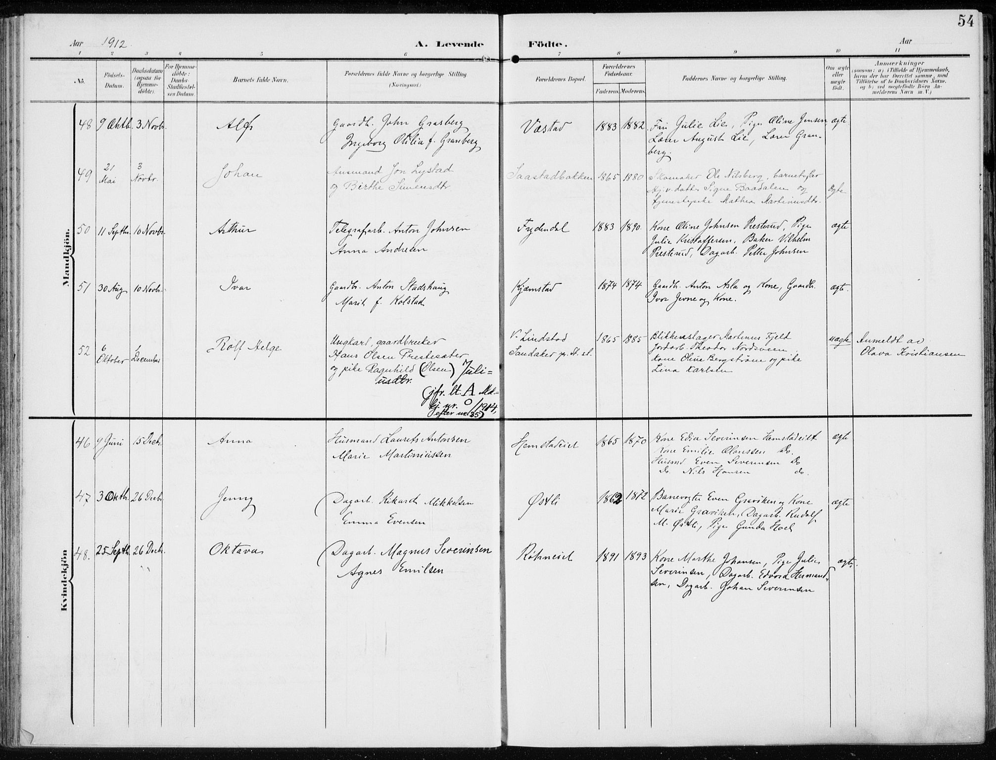 Stange prestekontor, AV/SAH-PREST-002/K/L0024: Parish register (official) no. 24, 1906-1922, p. 54