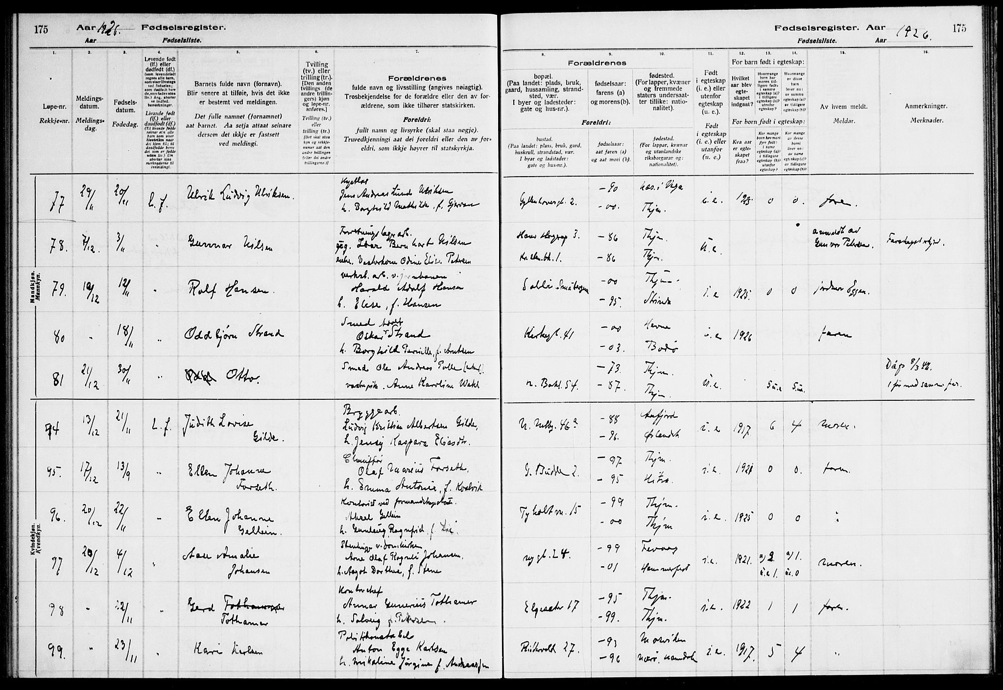 Ministerialprotokoller, klokkerbøker og fødselsregistre - Sør-Trøndelag, AV/SAT-A-1456/604/L0233: Birth register no. 604.II.4.2, 1920-1928, p. 175