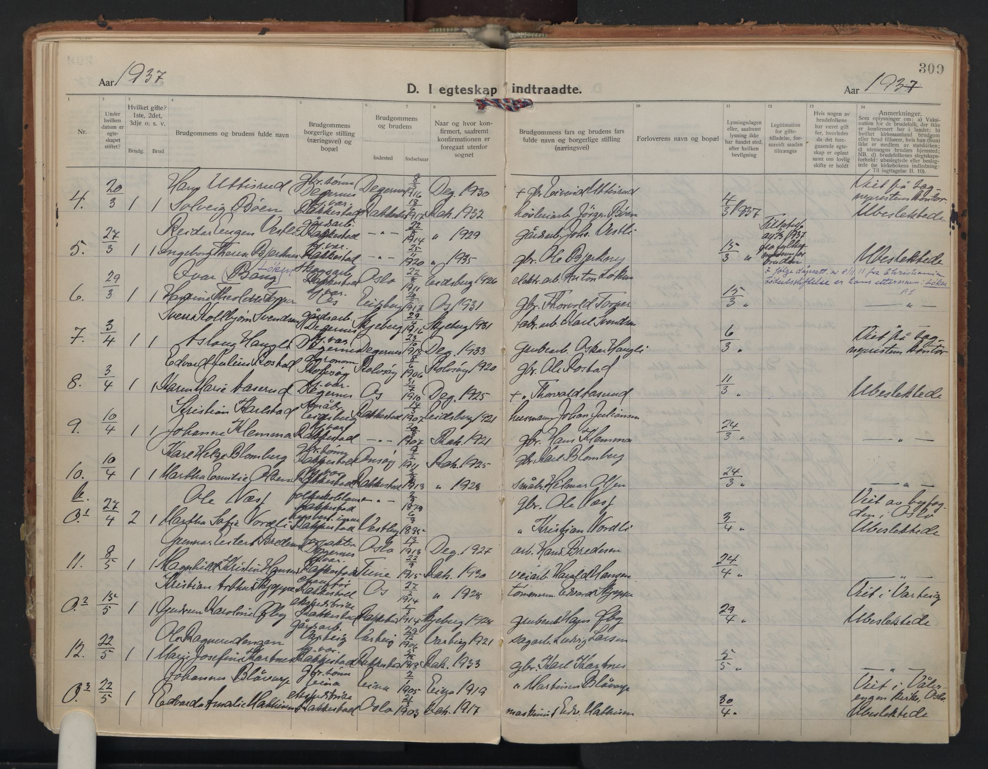 Rakkestad prestekontor Kirkebøker, AV/SAO-A-2008/F/Fa/L0016: Parish register (official) no. I 16, 1922-1943, p. 309