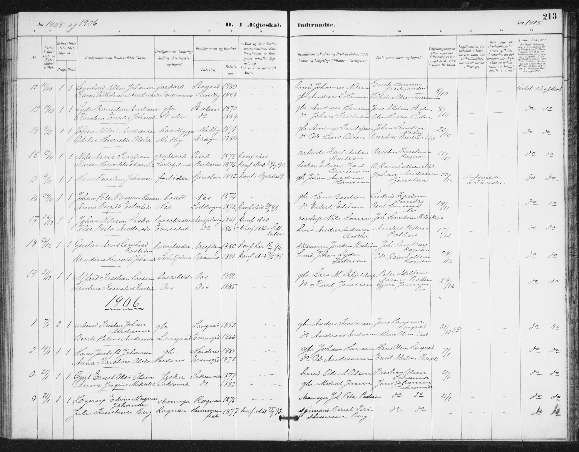 Ministerialprotokoller, klokkerbøker og fødselsregistre - Nordland, SAT/A-1459/847/L0682: Parish register (copy) no. 847C10, 1889-1907, p. 213
