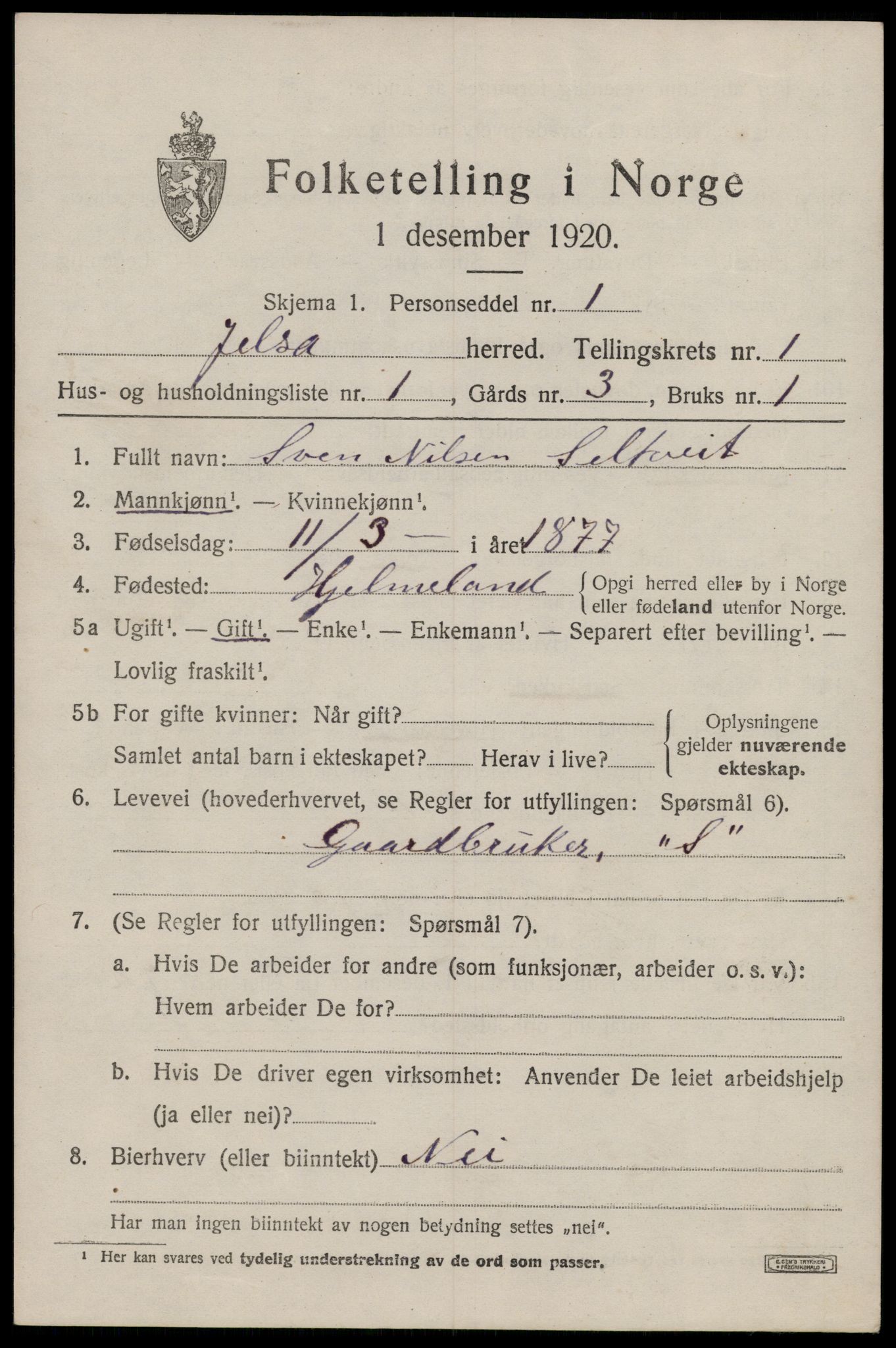 SAST, 1920 census for Jelsa, 1920, p. 666