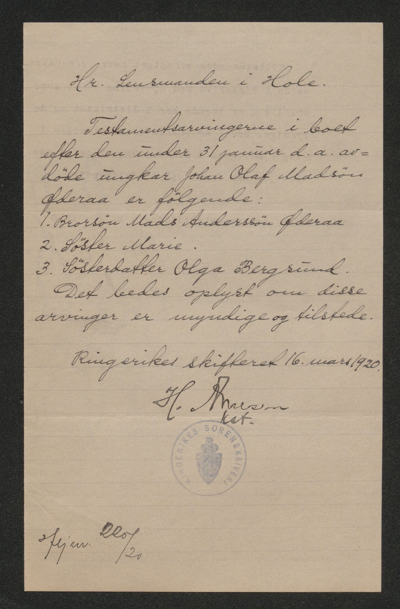 Ringerike sorenskriveri, AV/SAKO-A-105/H/Ha/Hab/L0020: Dødsfallslister Hole, 1918-1925