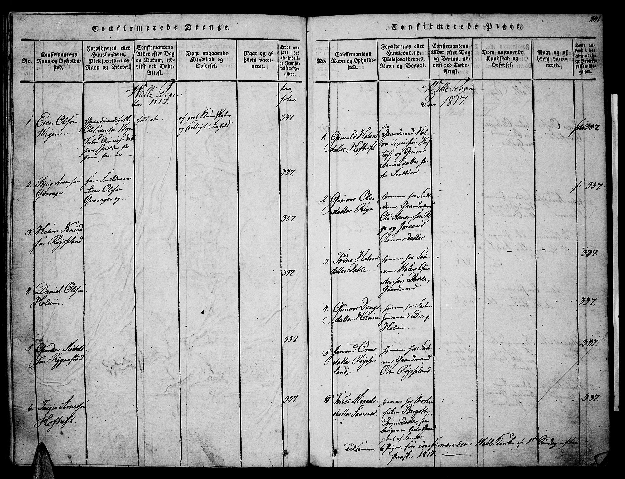 Valle sokneprestkontor, SAK/1111-0044/F/Fa/Fac/L0005: Parish register (official) no. A 5 /1, 1816-1831, p. 241