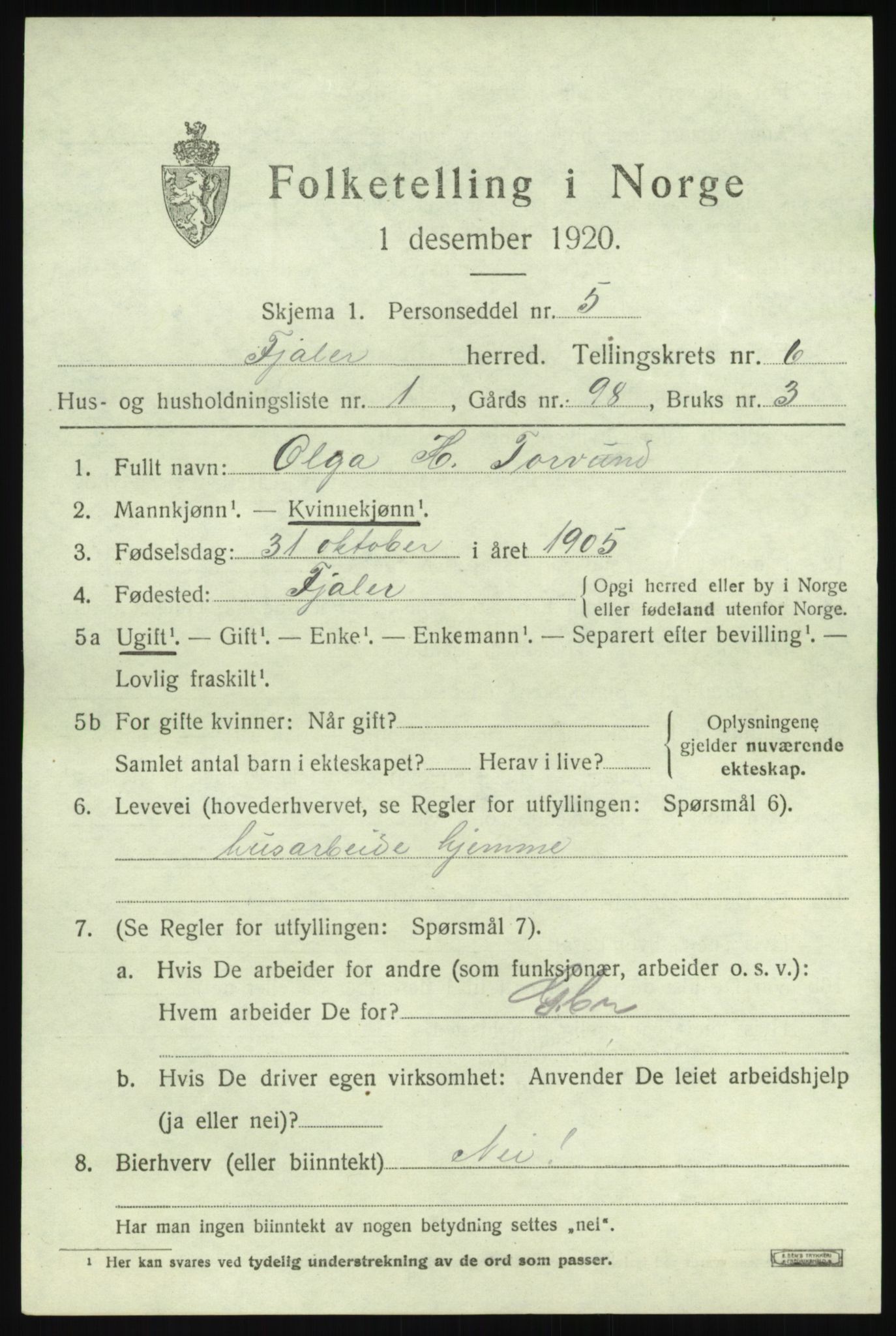 SAB, 1920 census for Fjaler, 1920, p. 3777