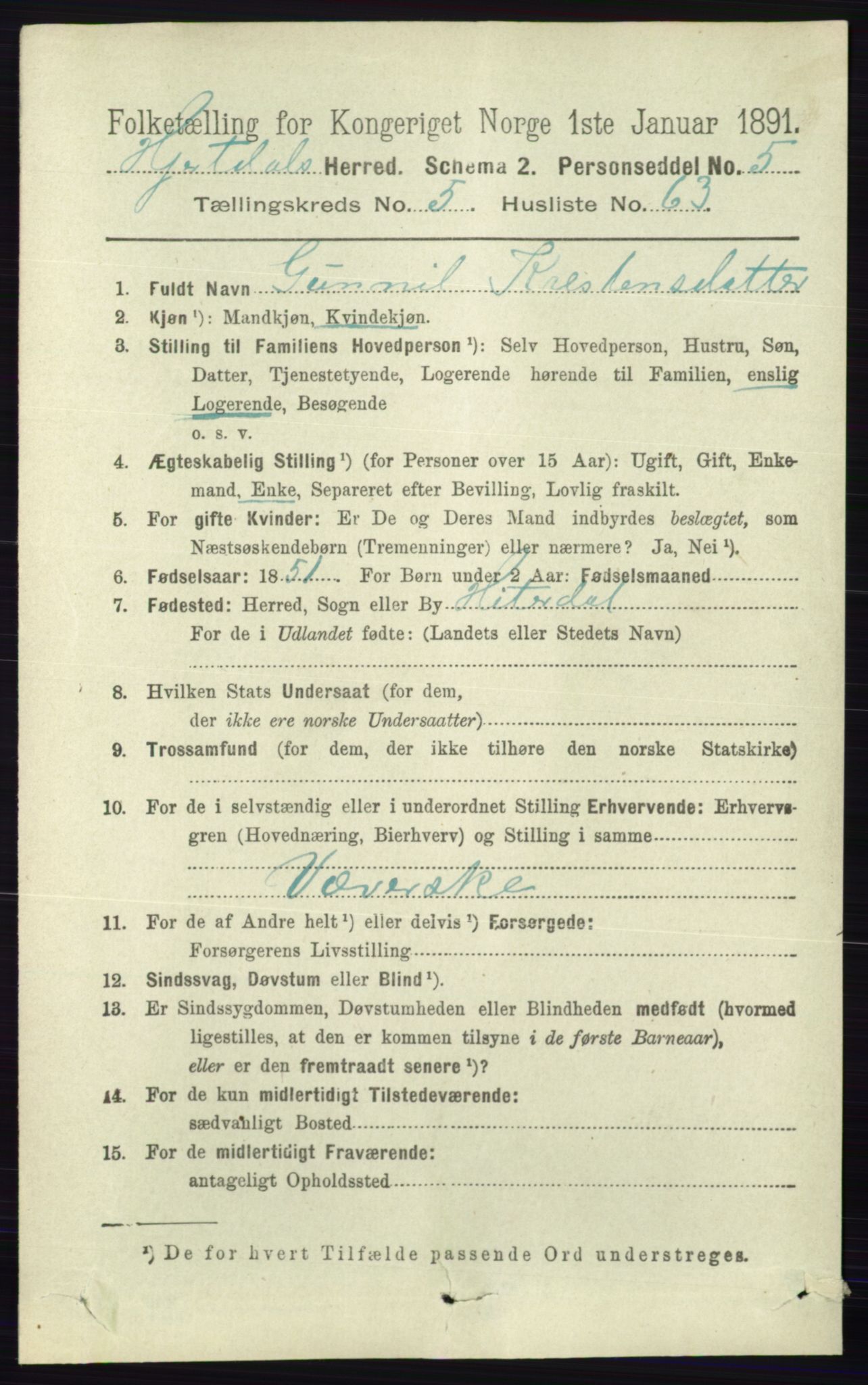 RA, 1891 census for 0827 Hjartdal, 1891, p. 2121