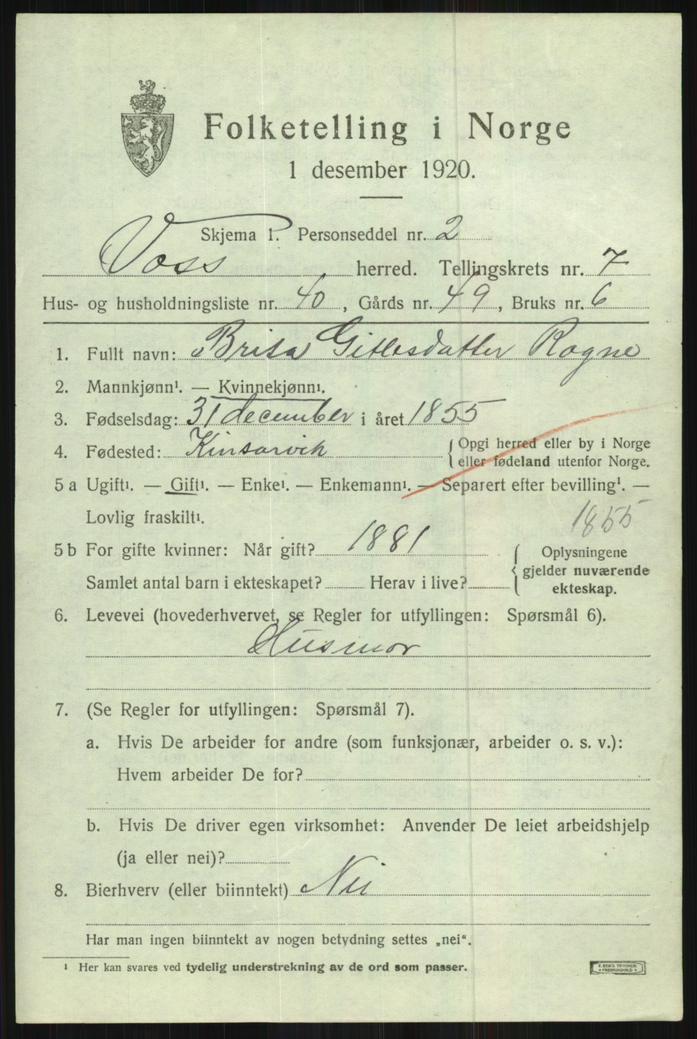 SAB, 1920 census for Voss, 1920, p. 9305