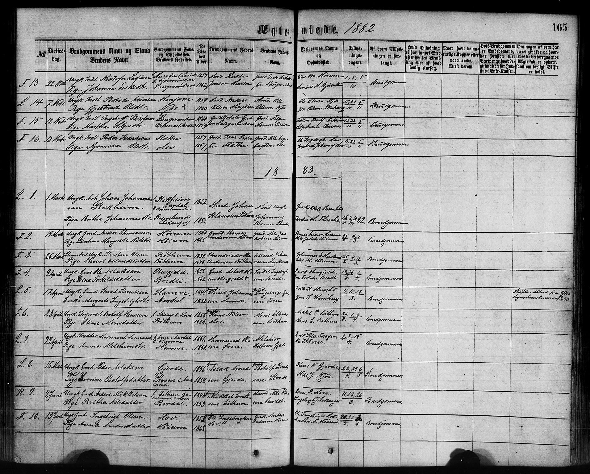 Leikanger sokneprestembete, AV/SAB-A-81001/H/Haa/Haaa/L0009: Parish register (official) no. A 9, 1869-1888, p. 165