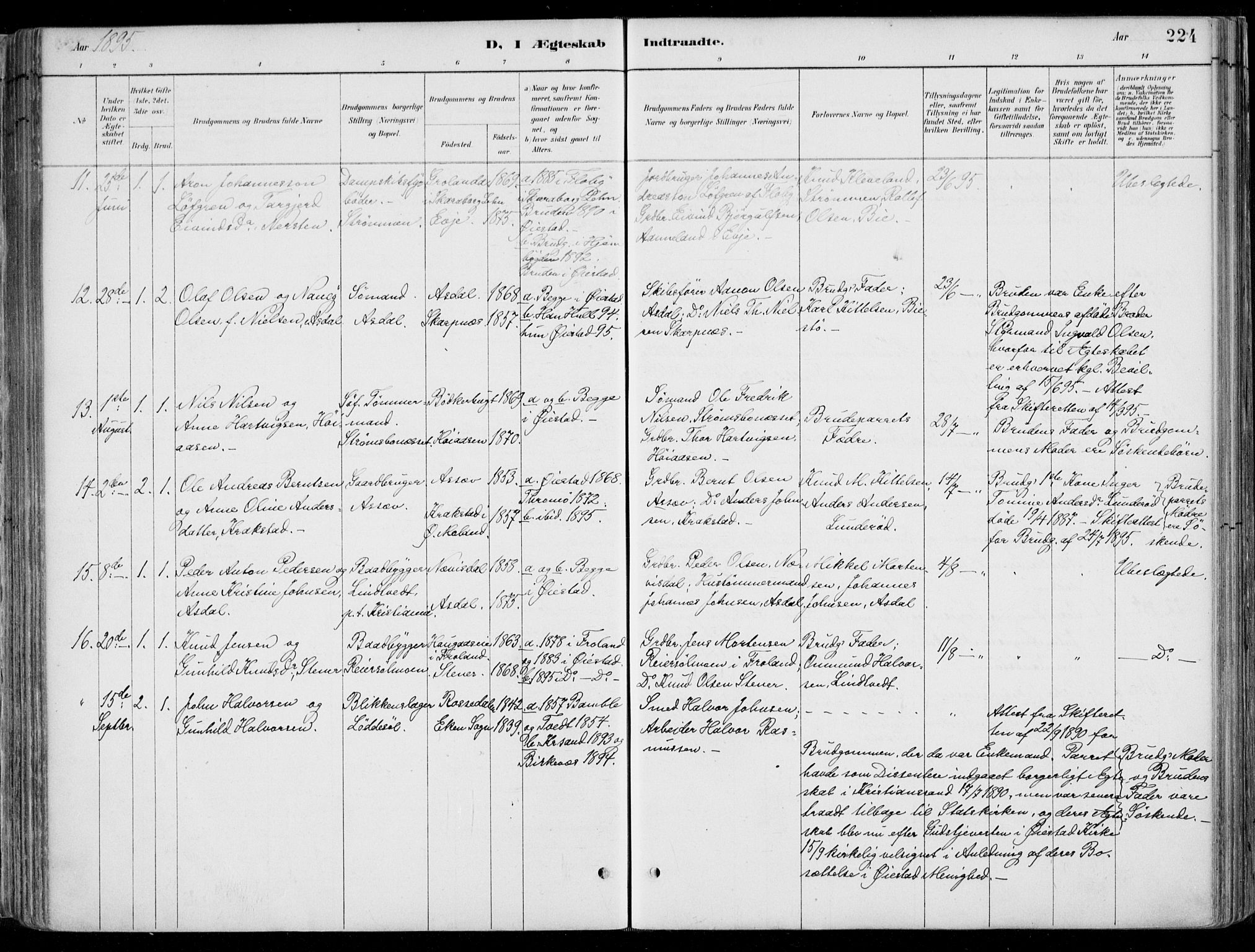 Øyestad sokneprestkontor, SAK/1111-0049/F/Fa/L0017: Parish register (official) no. A 17, 1887-1896, p. 224
