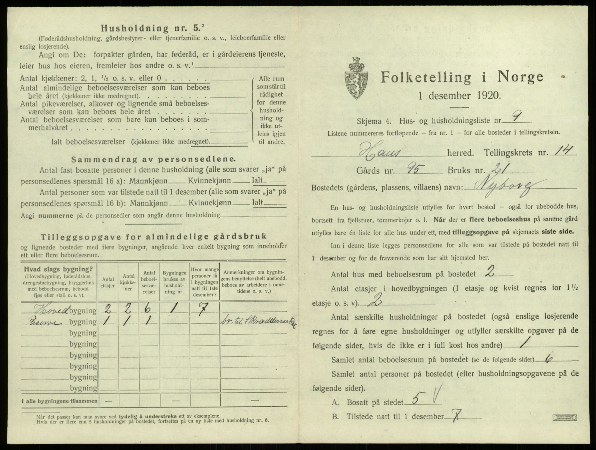 SAB, 1920 census for Haus, 1920, p. 1152