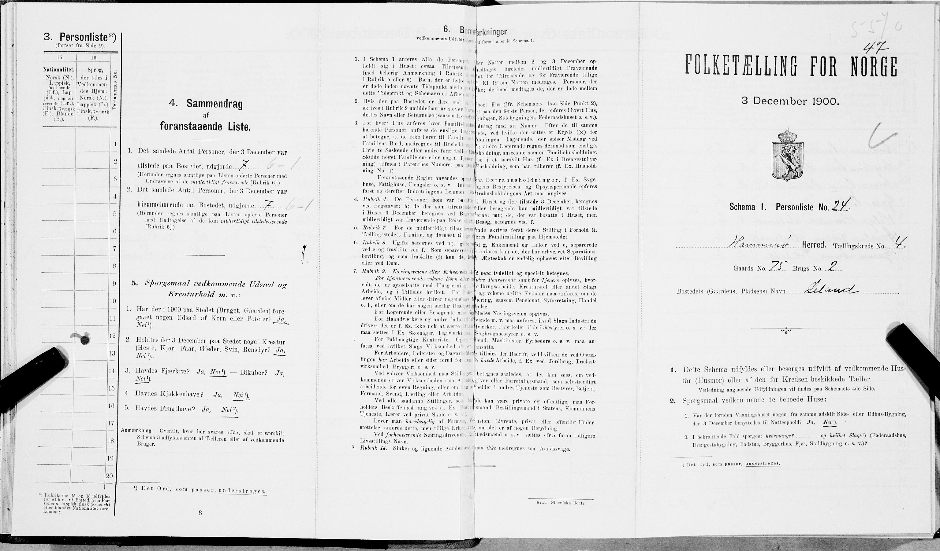 SAT, 1900 census for Hamarøy, 1900, p. 536