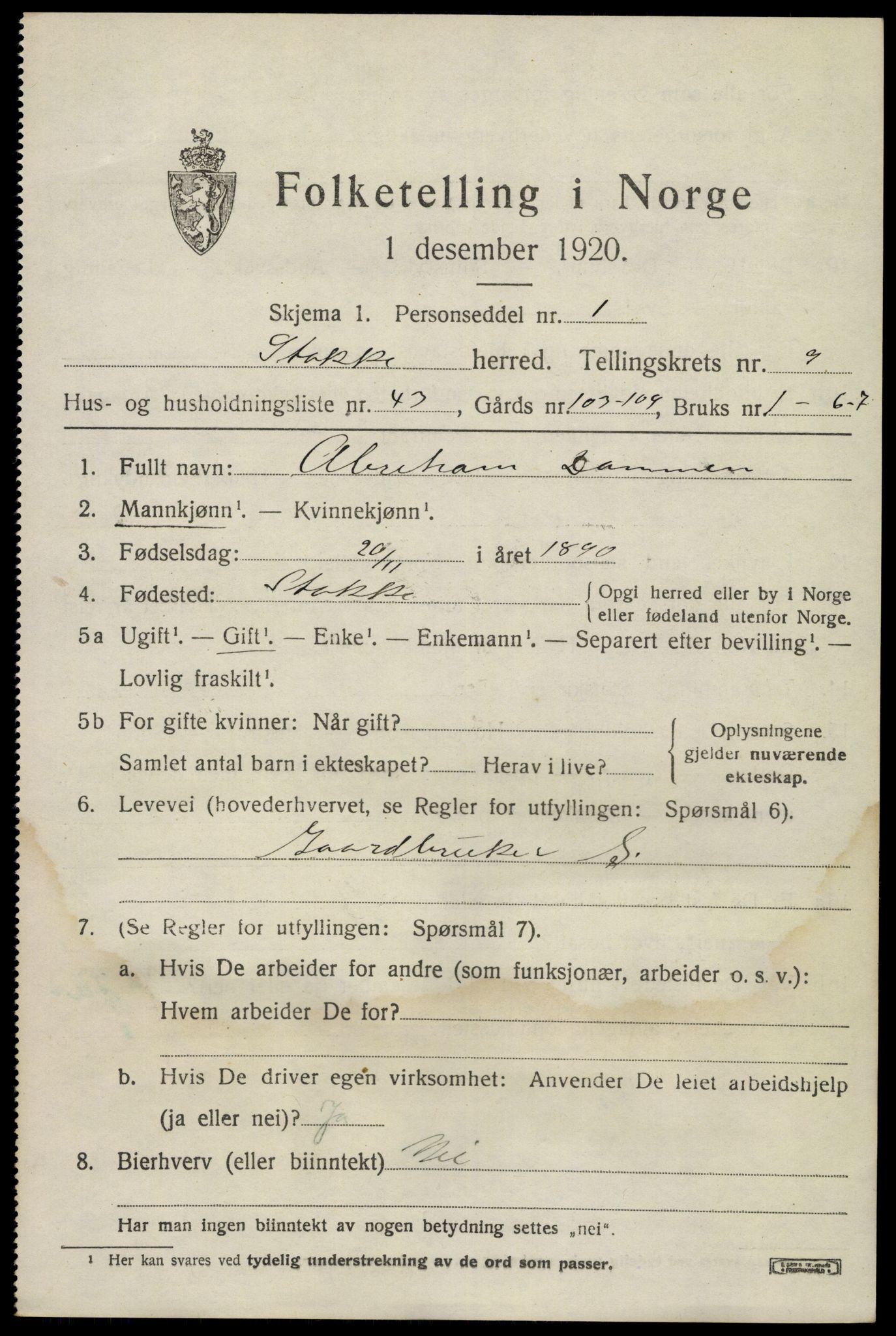 SAKO, 1920 census for Stokke, 1920, p. 10886