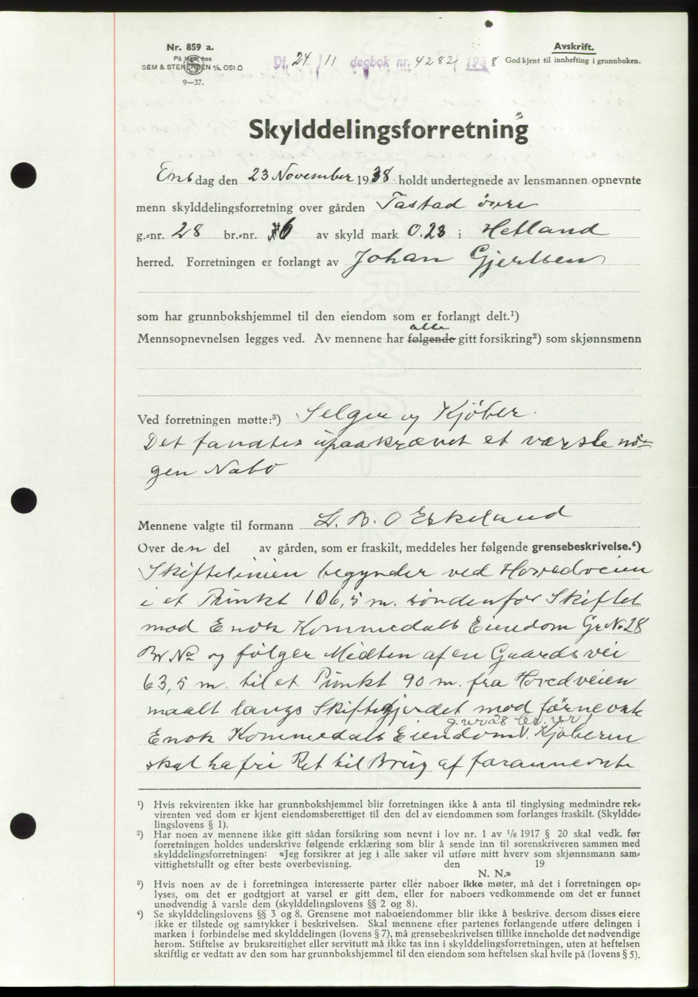 Jæren sorenskriveri, SAST/A-100310/03/G/Gba/L0072: Mortgage book, 1938-1938, Diary no: : 4282/1938