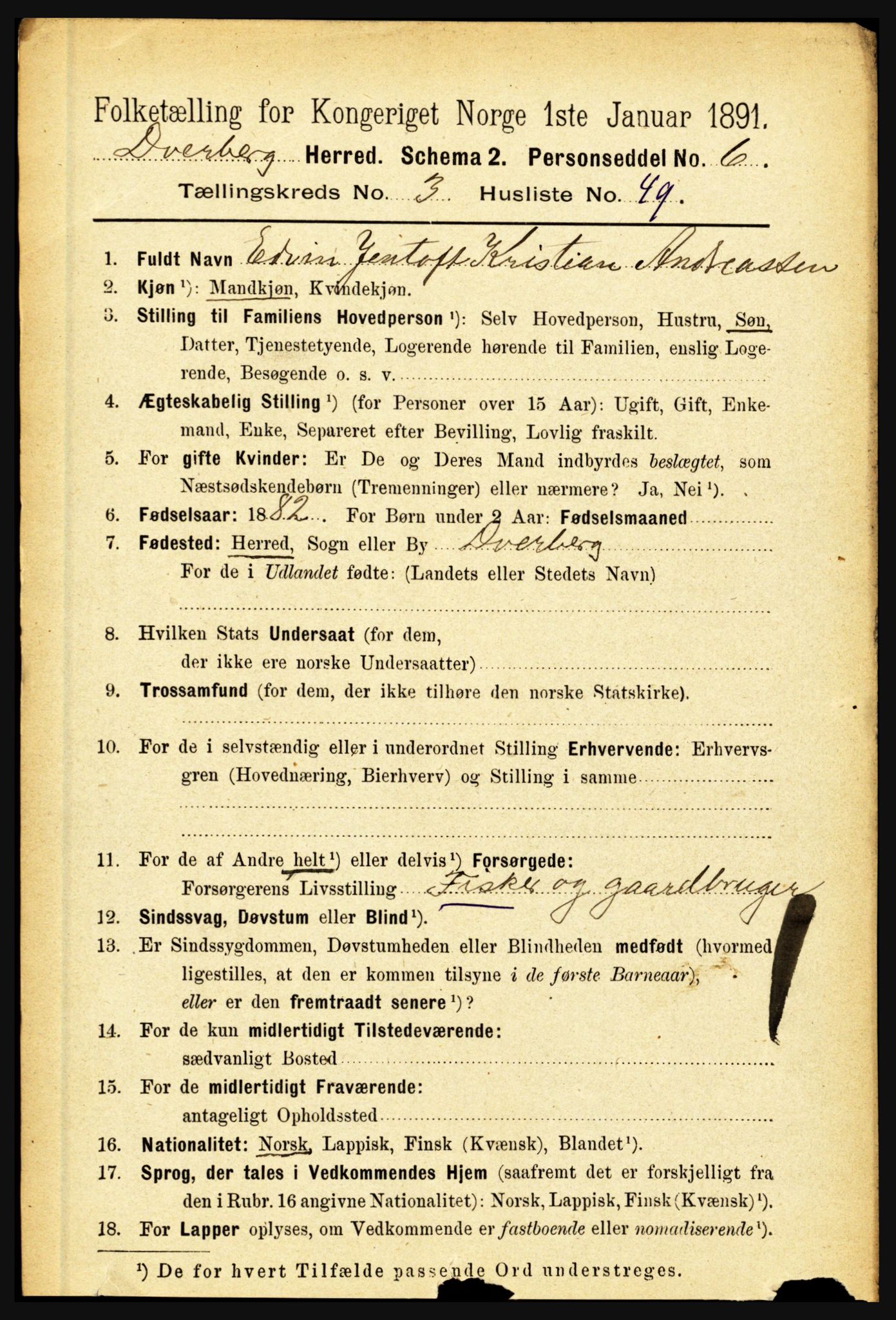 RA, 1891 census for 1872 Dverberg, 1891, p. 1238