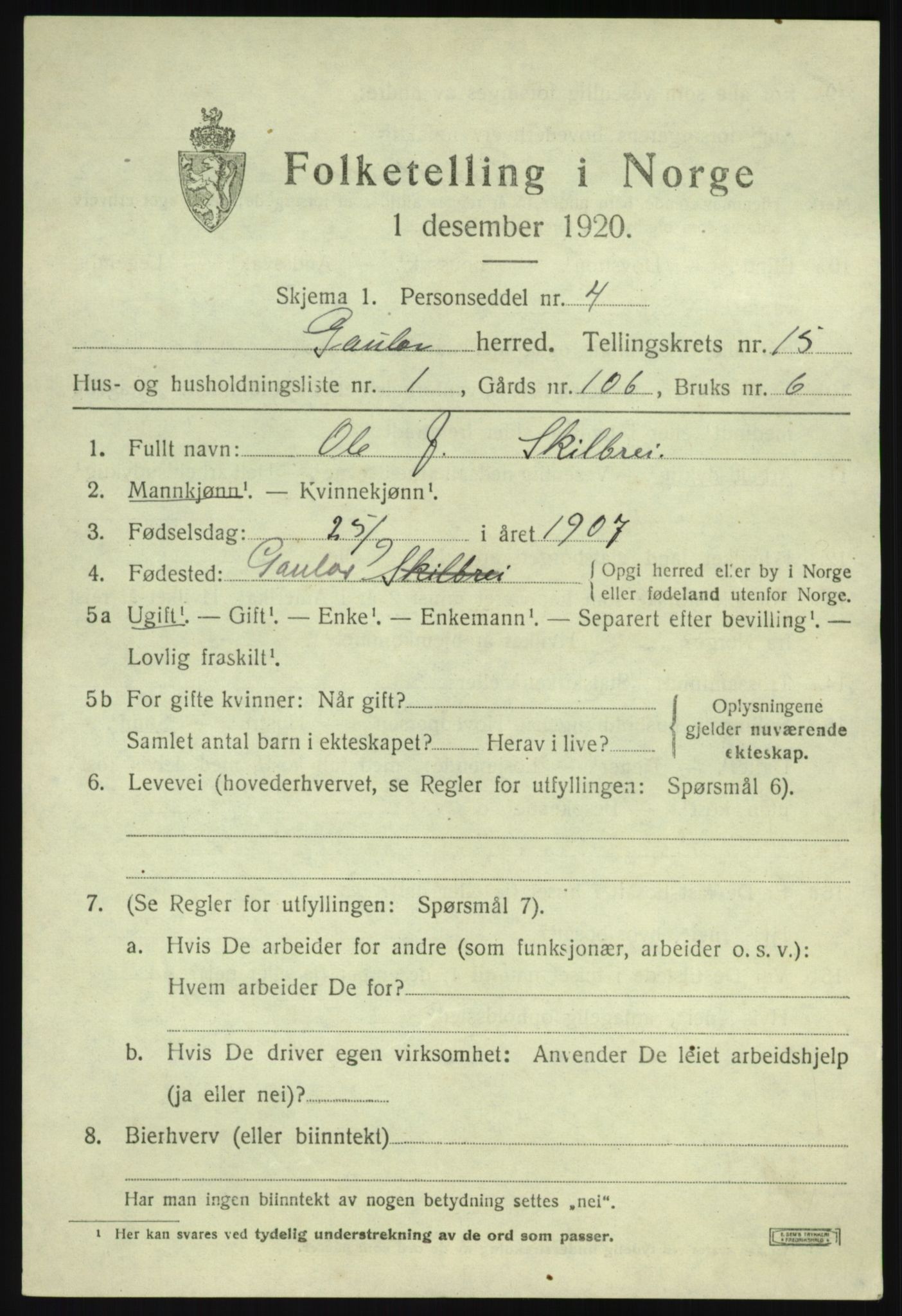 SAB, 1920 census for Gaular, 1920, p. 6680