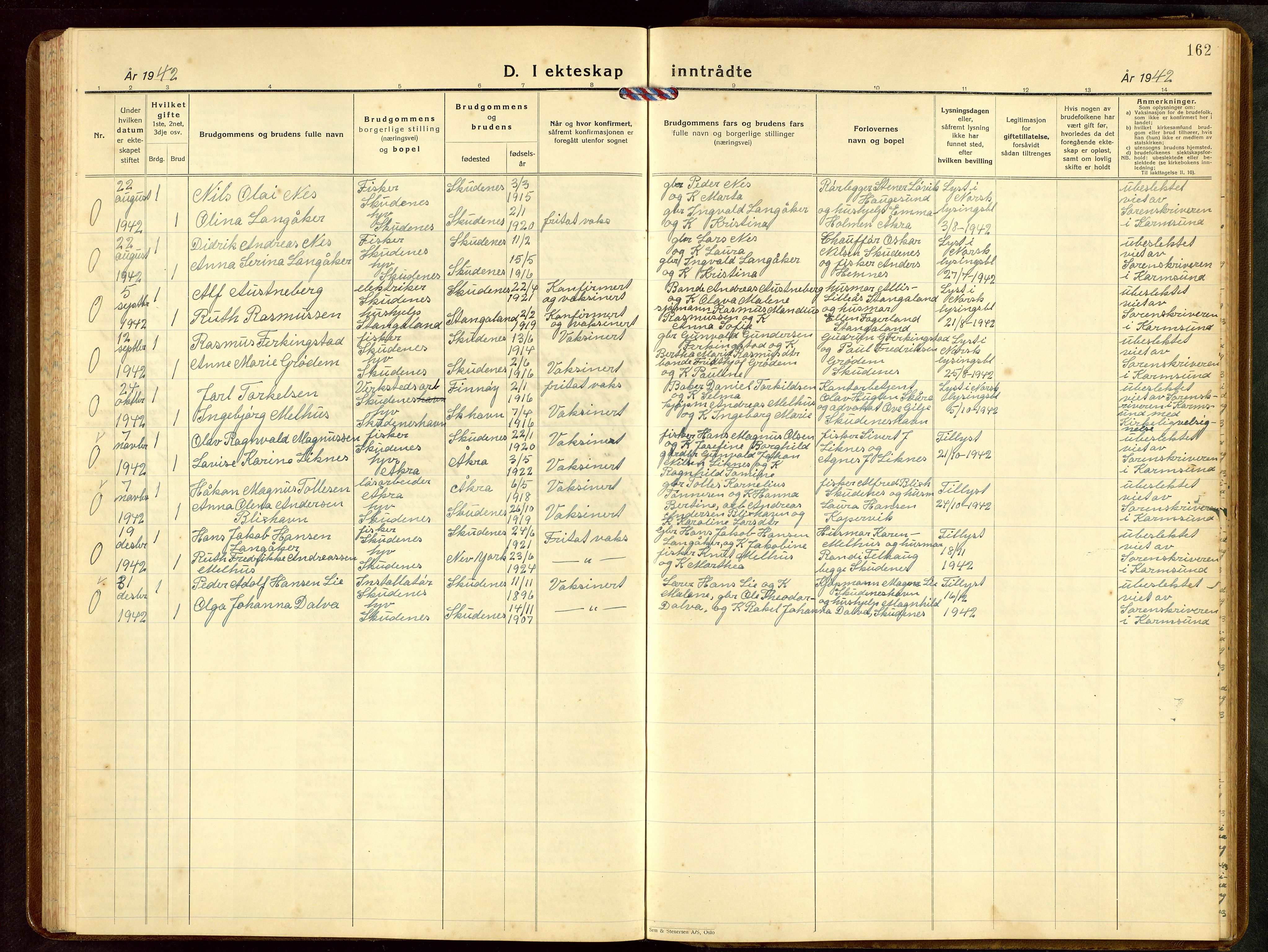 Skudenes sokneprestkontor, AV/SAST-A -101849/H/Ha/Hab/L0013: Parish register (copy) no. B 13, 1937-1954, p. 162