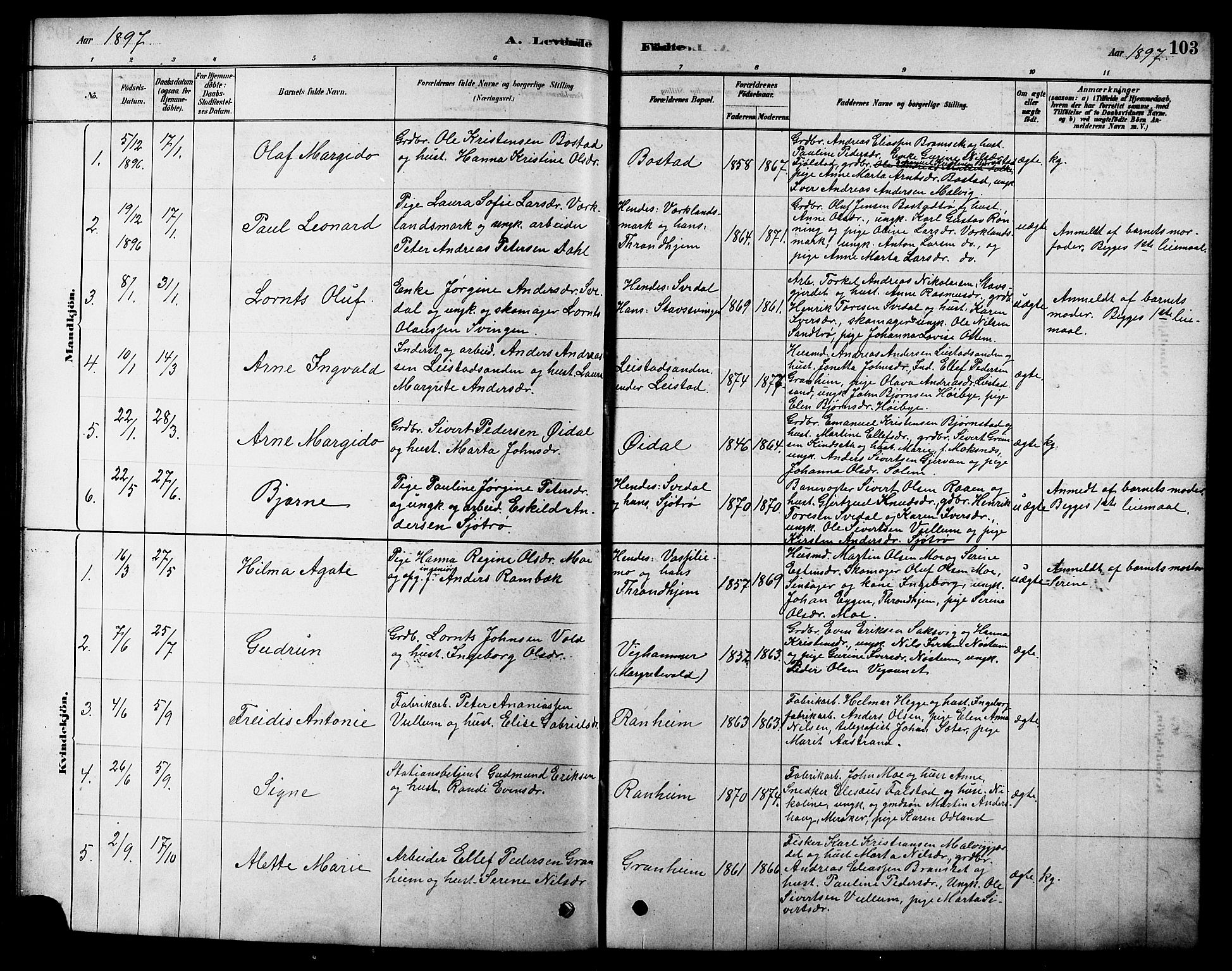 Ministerialprotokoller, klokkerbøker og fødselsregistre - Sør-Trøndelag, SAT/A-1456/616/L0423: Parish register (copy) no. 616C06, 1878-1903, p. 103