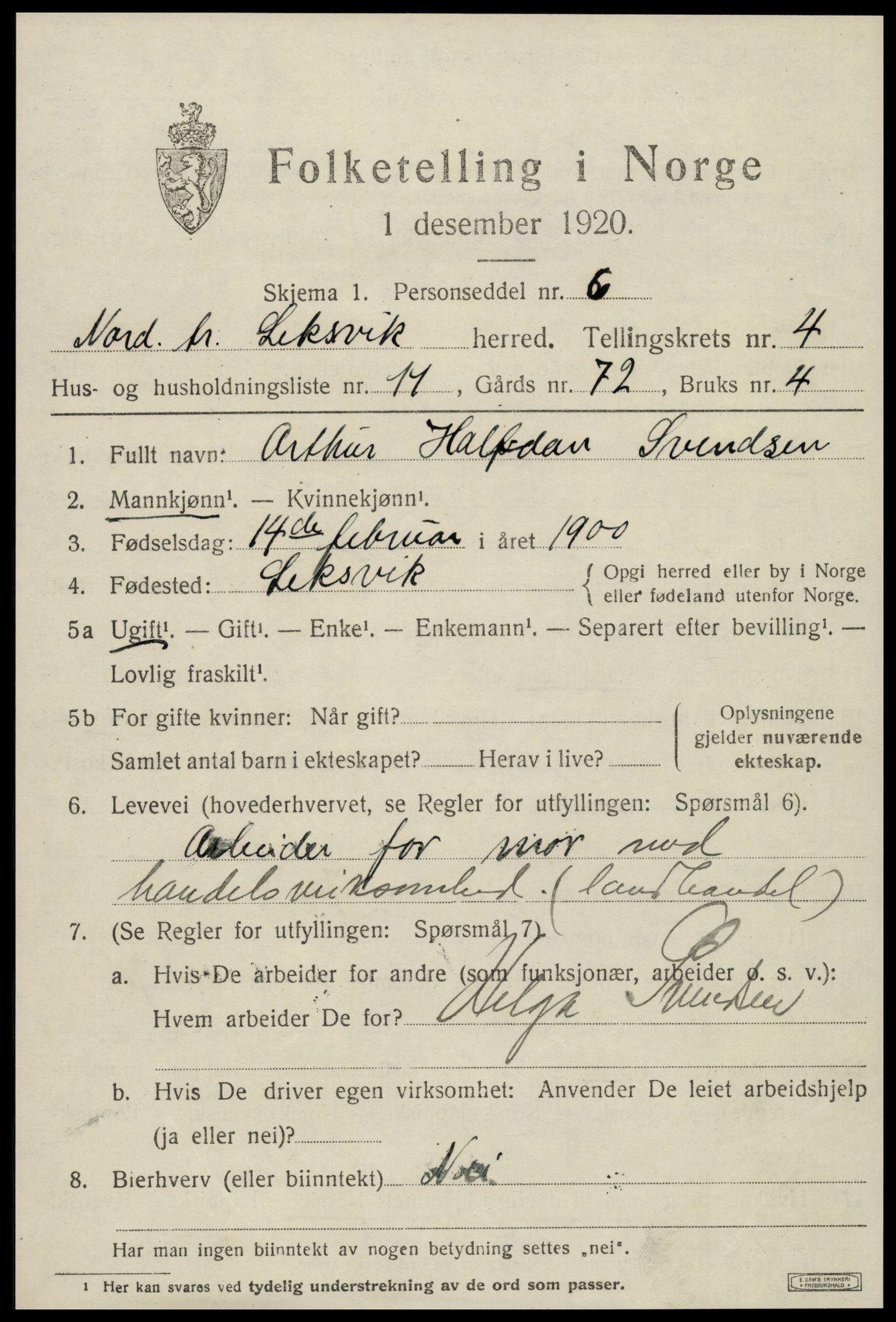 SAT, 1920 census for Leksvik, 1920, p. 3636