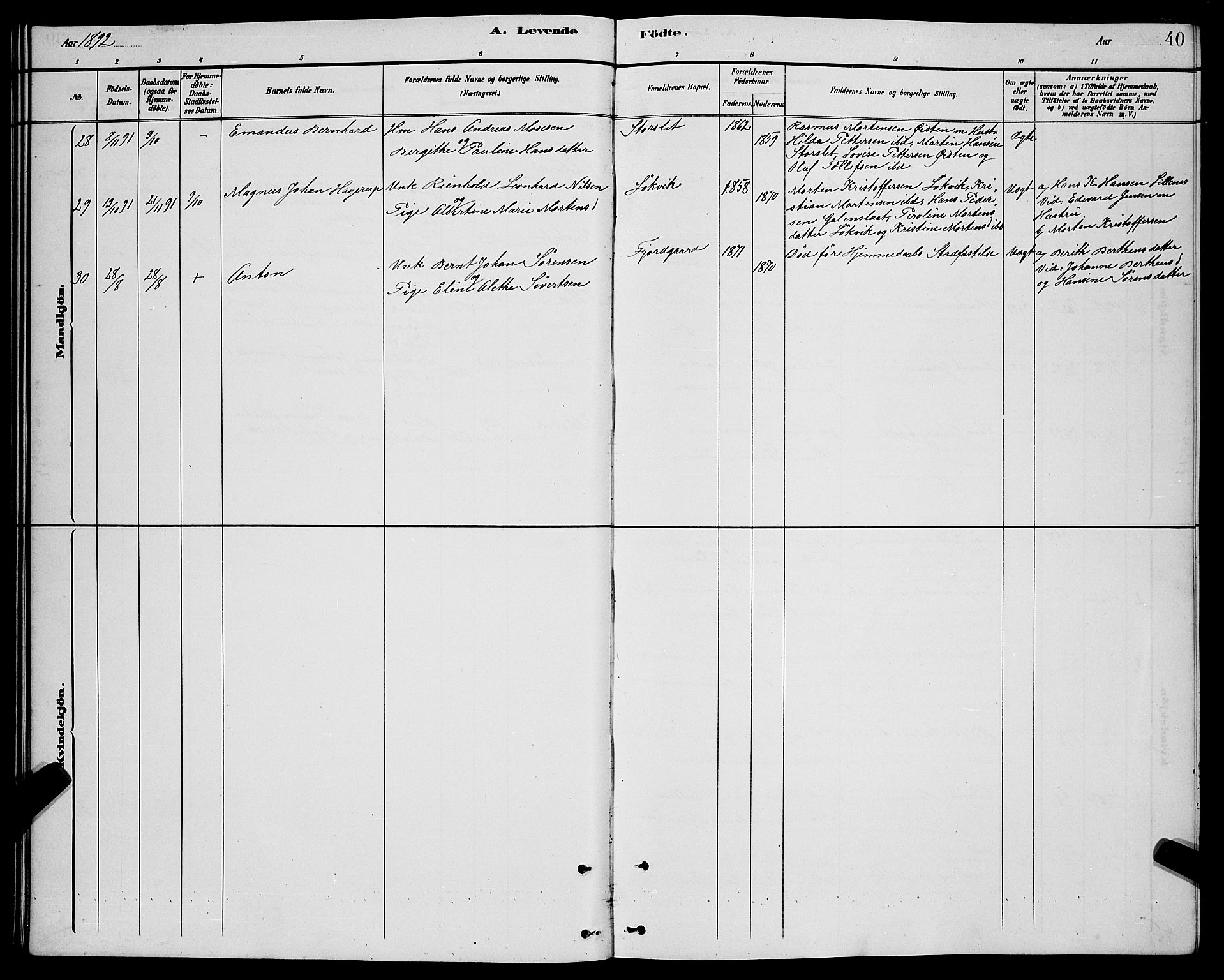 Lenvik sokneprestembete, AV/SATØ-S-1310/H/Ha/Hab/L0021klokker: Parish register (copy) no. 21, 1884-1900, p. 40