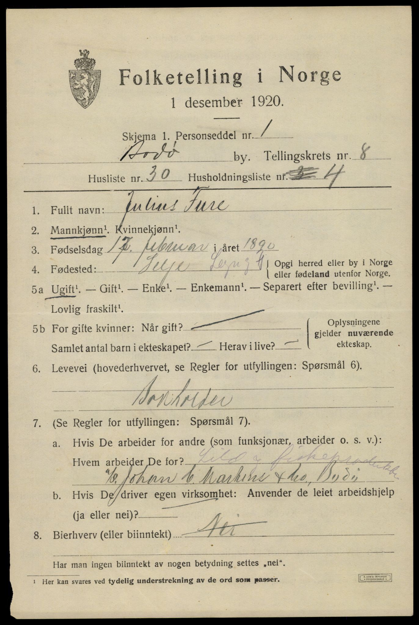 SAT, 1920 census for Bodø, 1920, p. 12813