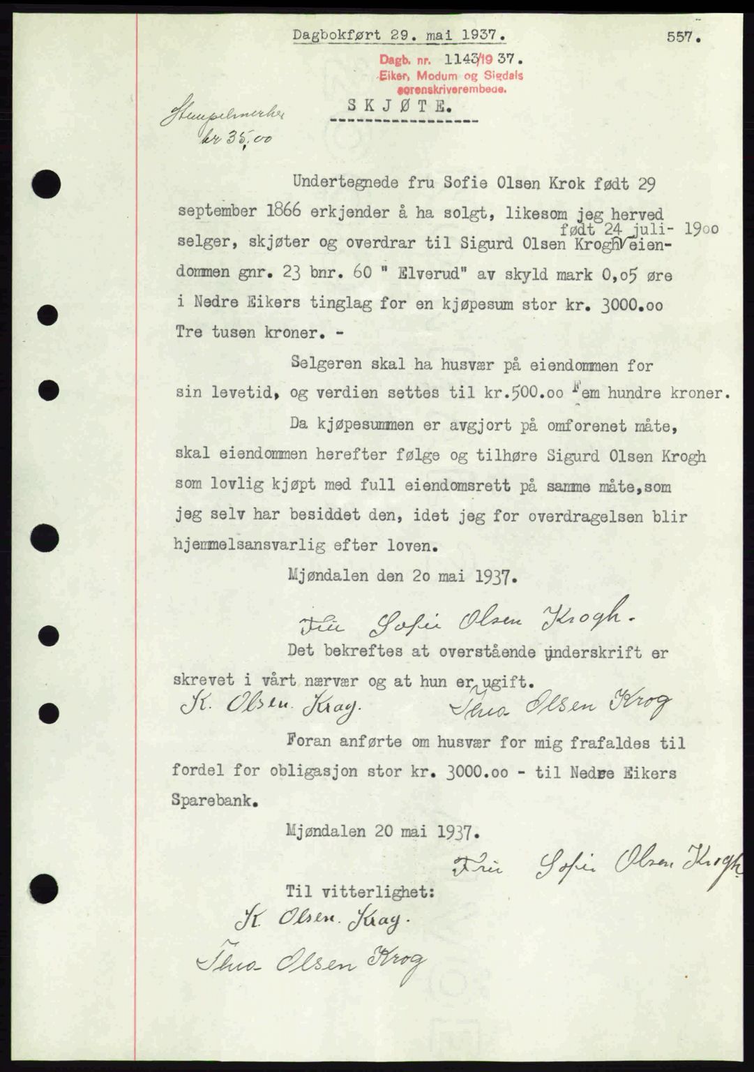 Eiker, Modum og Sigdal sorenskriveri, SAKO/A-123/G/Ga/Gab/L0035: Mortgage book no. A5, 1937-1937, Diary no: : 1143/1937