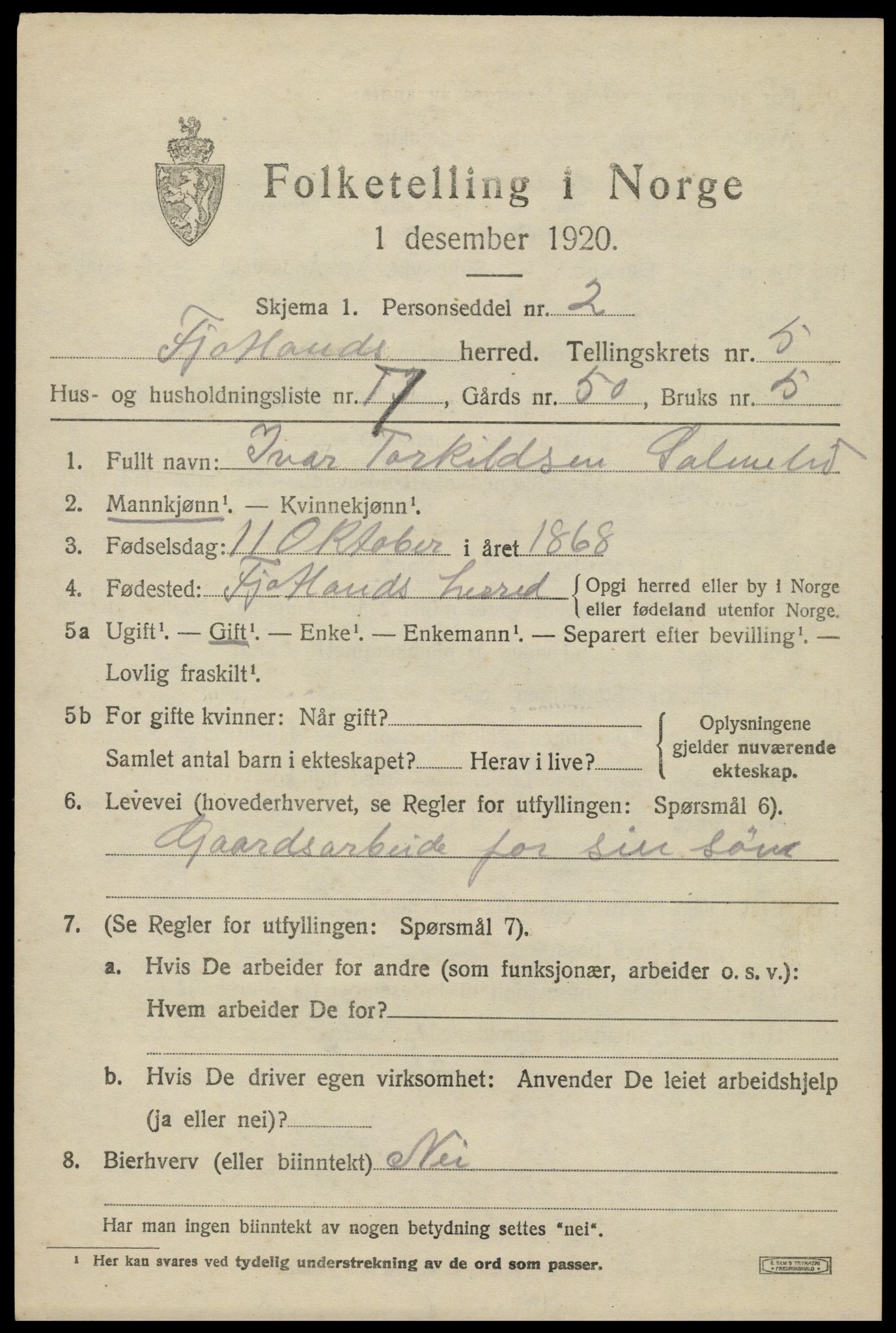 SAK, 1920 census for Fjotland, 1920, p. 1596