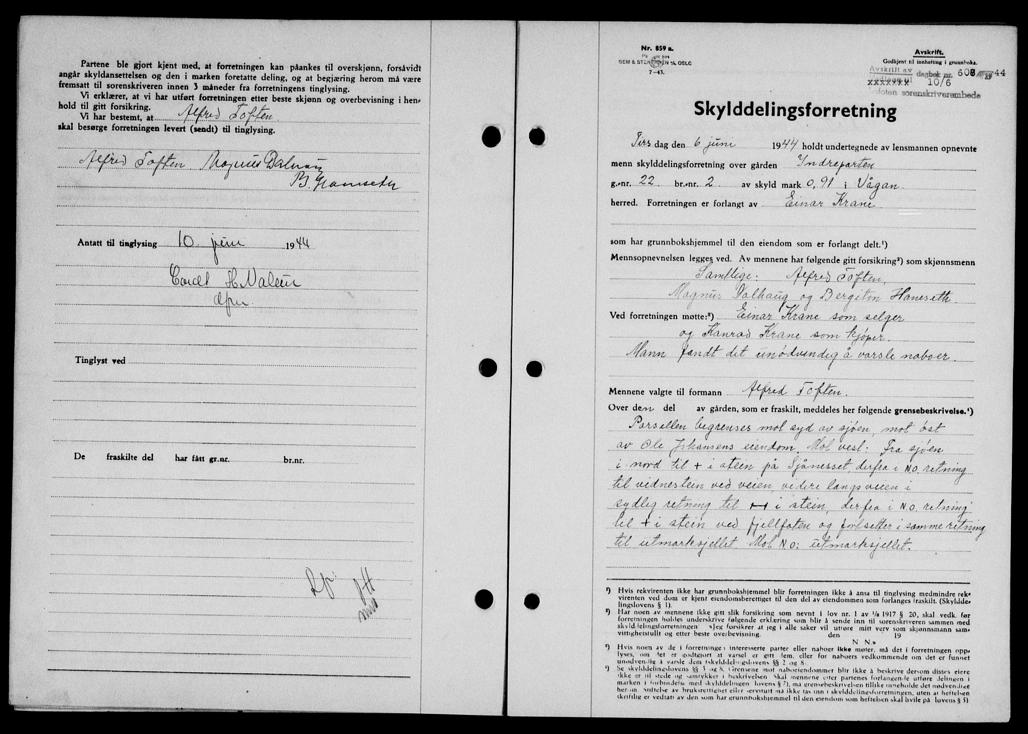 Lofoten sorenskriveri, SAT/A-0017/1/2/2C/L0012a: Mortgage book no. 12a, 1943-1944, Diary no: : 608/1944