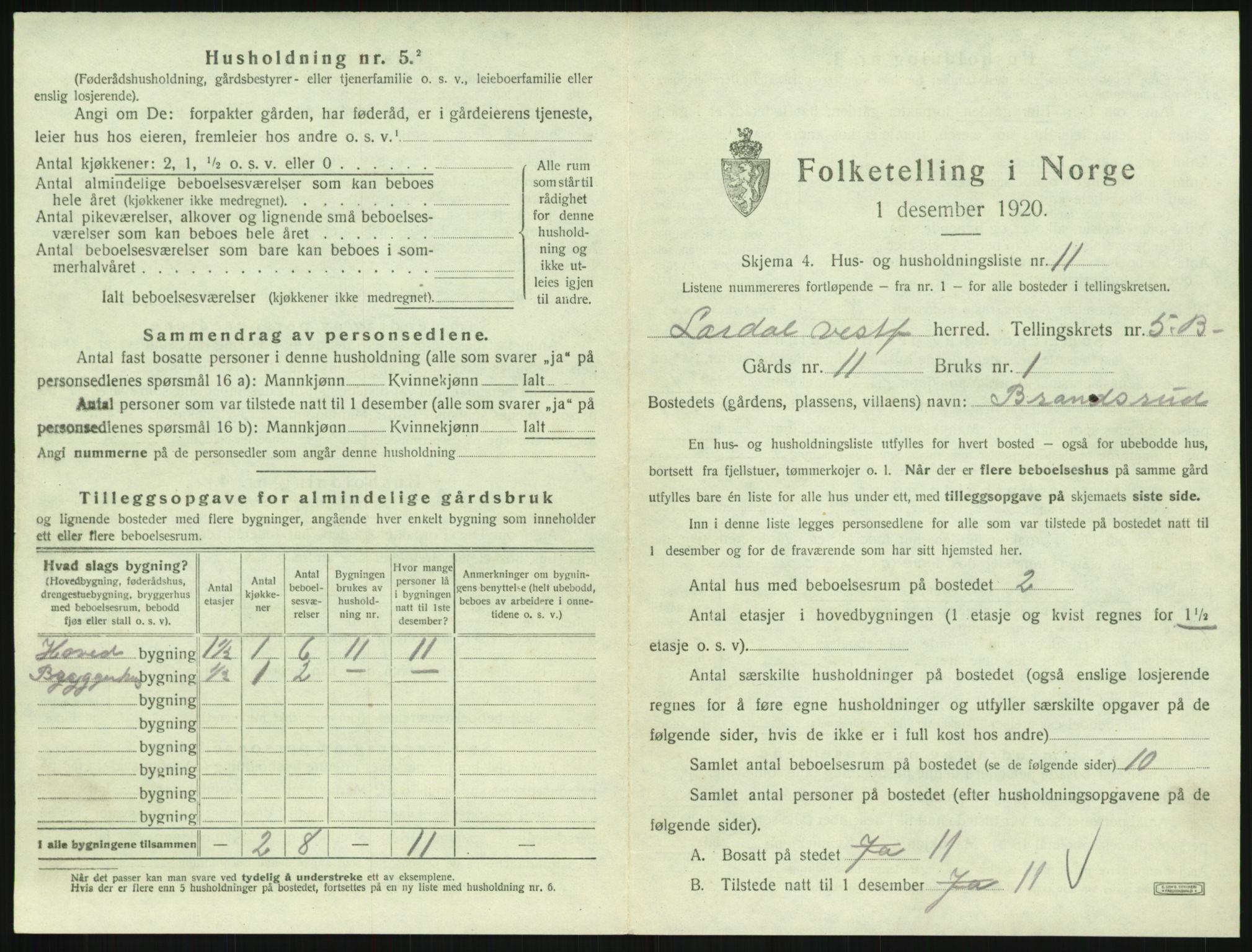 SAKO, 1920 census for Lardal, 1920, p. 841