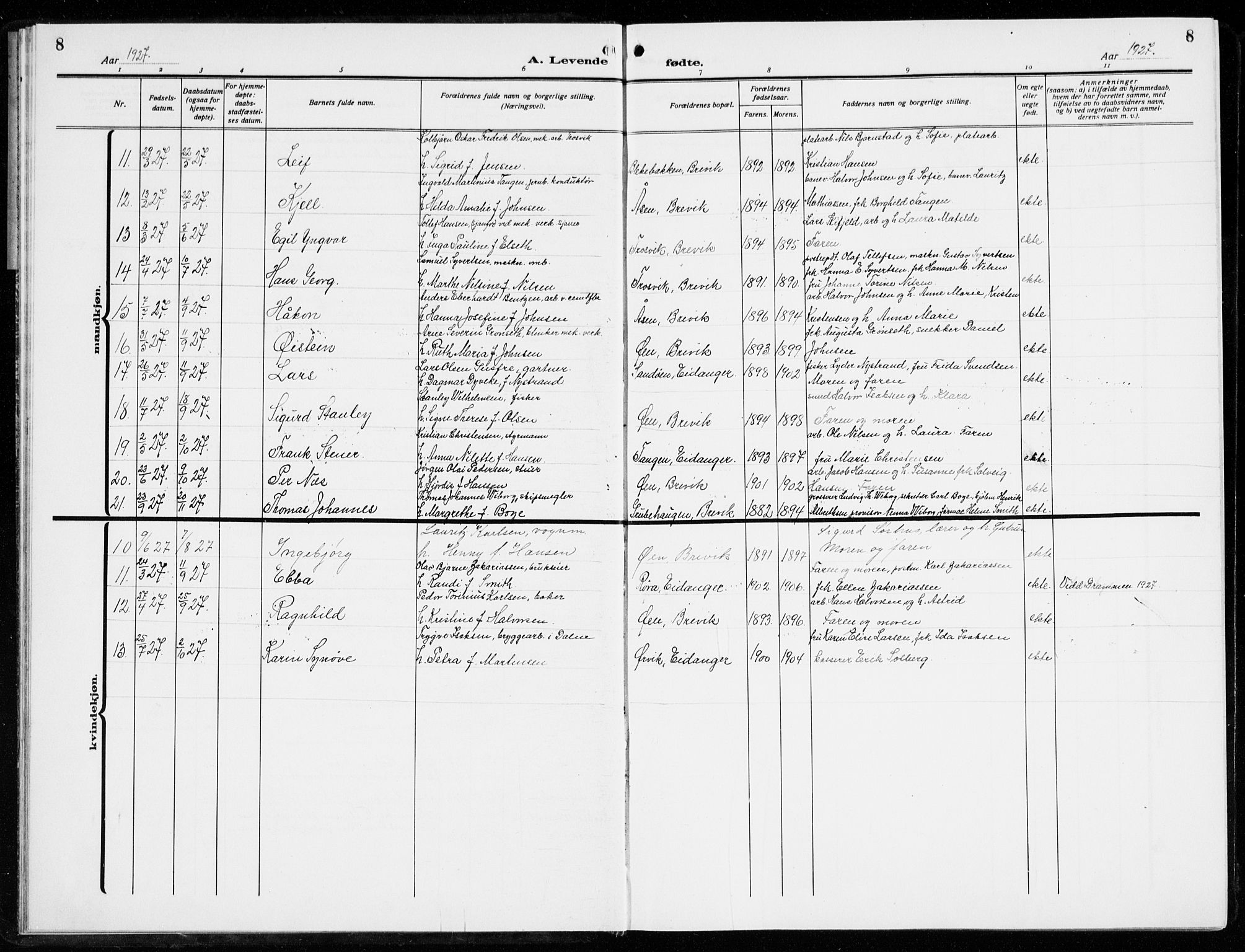 Brevik kirkebøker, SAKO/A-255/G/Ga/L0006: Parish register (copy) no. 6, 1922-1940, p. 8