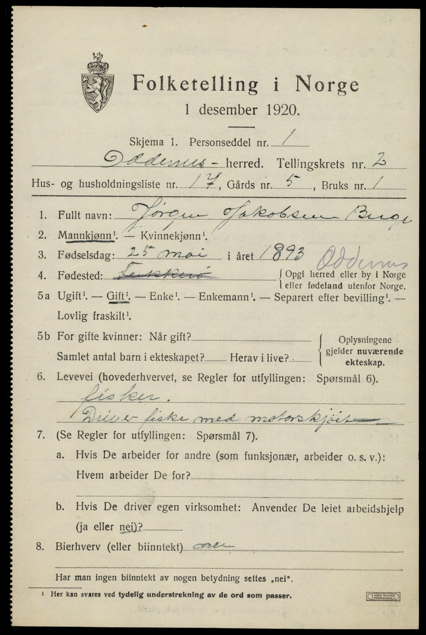 SAK, 1920 census for Oddernes, 1920, p. 3015