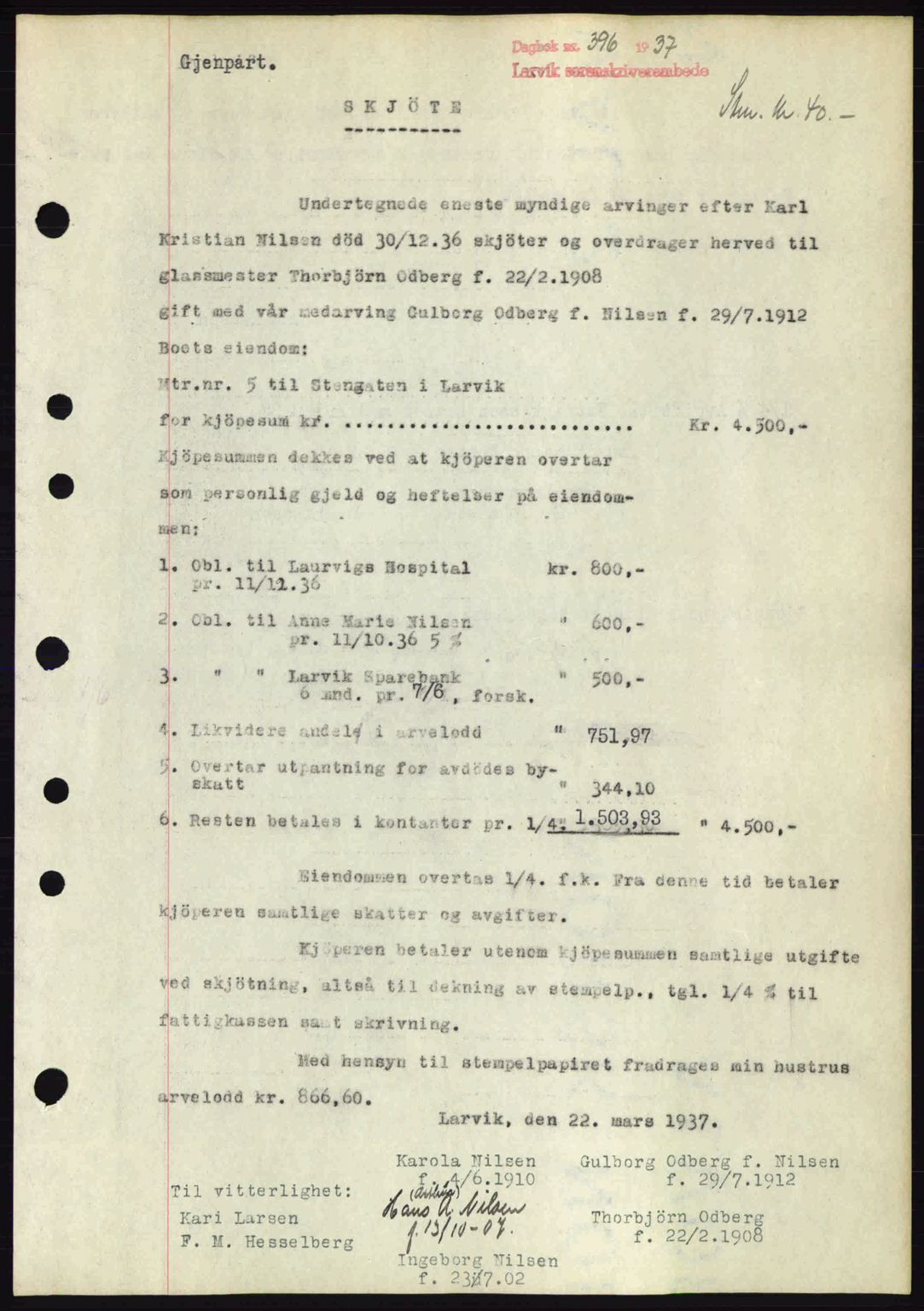 Larvik sorenskriveri, SAKO/A-83/G/Ga/Gab/L0067: Mortgage book no. A-1, 1936-1937, Diary no: : 396/1937