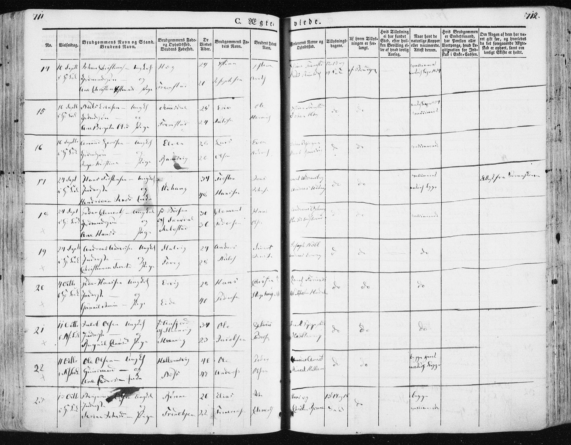 Ministerialprotokoller, klokkerbøker og fødselsregistre - Sør-Trøndelag, SAT/A-1456/659/L0736: Parish register (official) no. 659A06, 1842-1856, p. 711-712