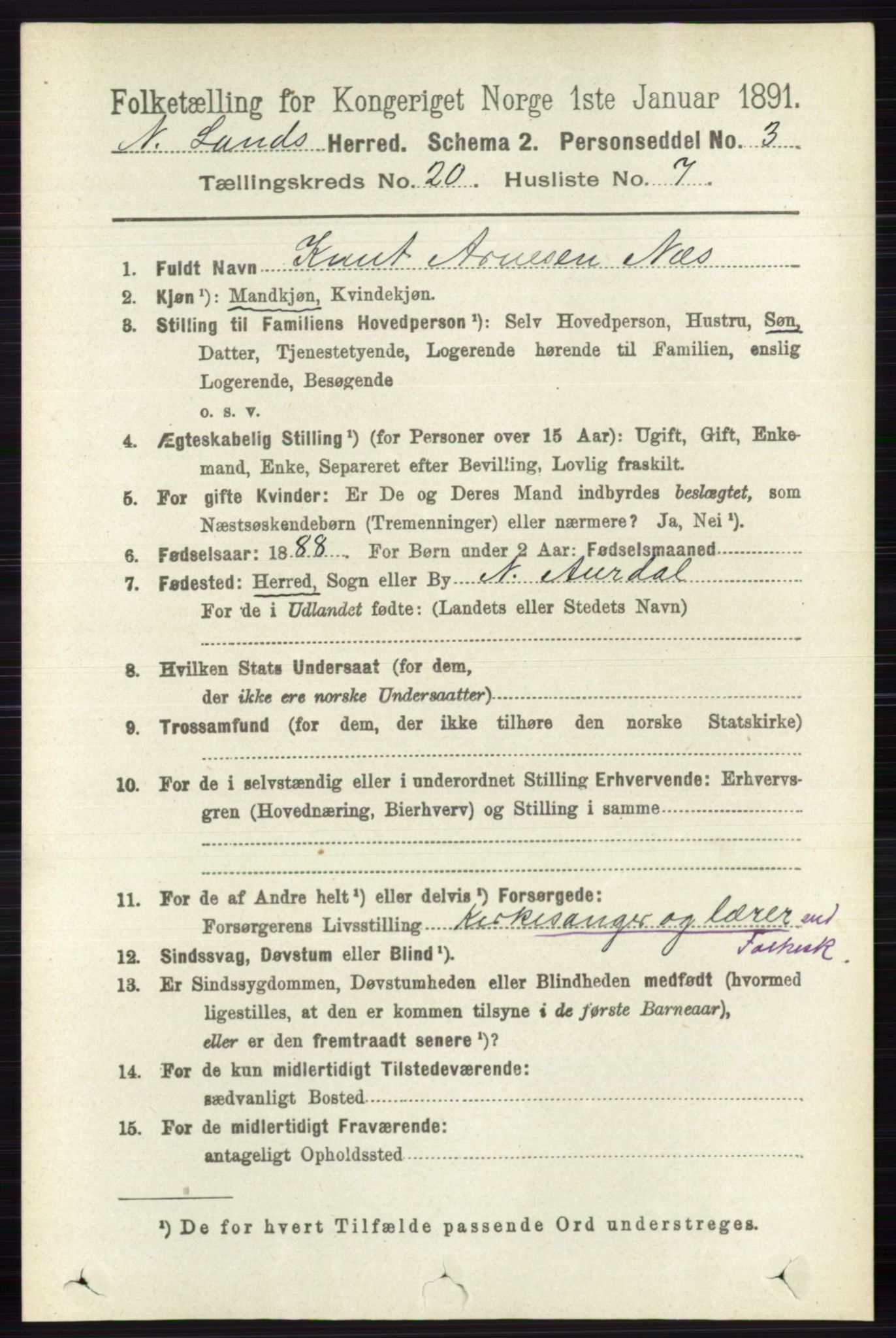 RA, 1891 census for 0538 Nordre Land, 1891, p. 4910