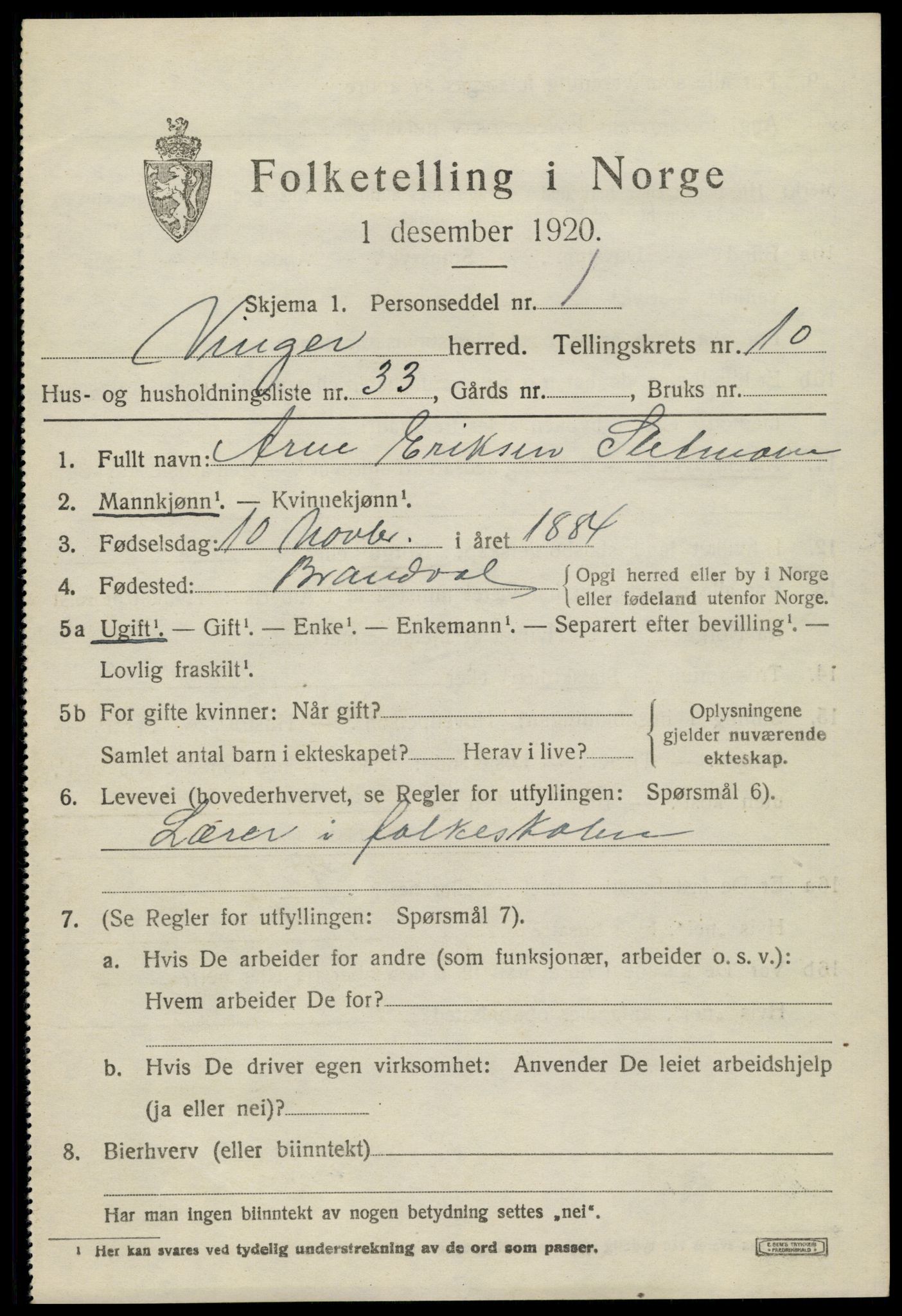 SAH, 1920 census for Vinger, 1920, p. 8916