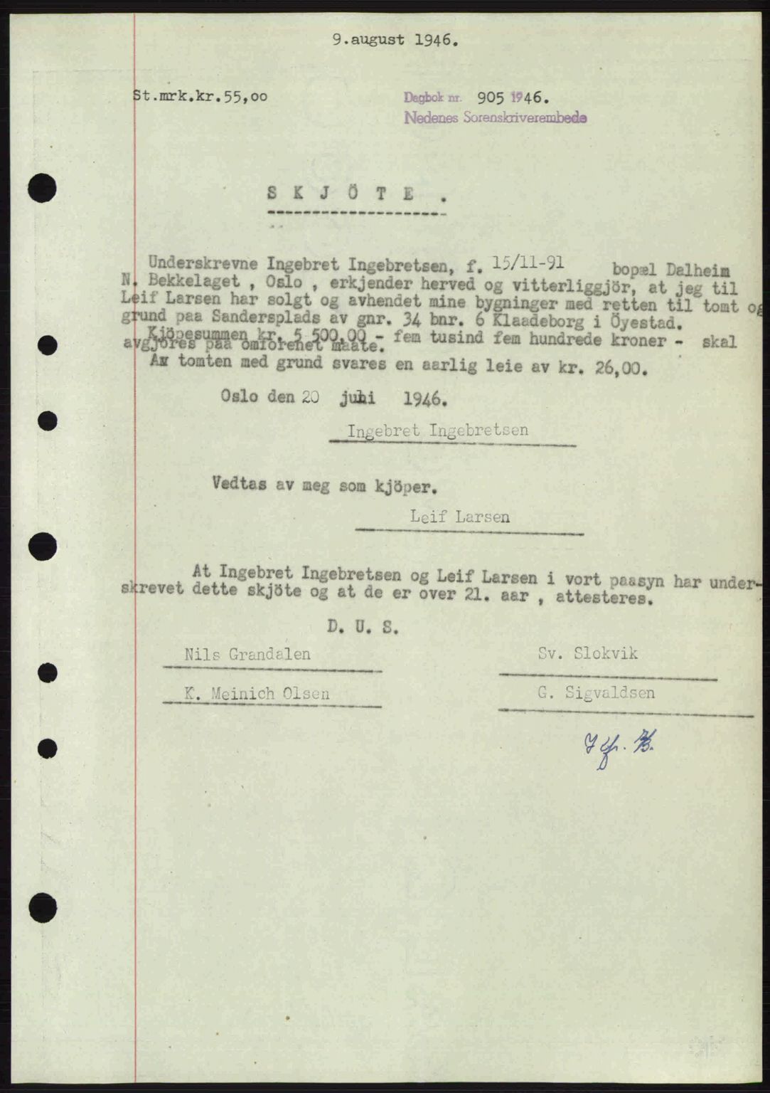 Nedenes sorenskriveri, AV/SAK-1221-0006/G/Gb/Gba/L0055: Mortgage book no. A7, 1946-1946, Diary no: : 905/1946