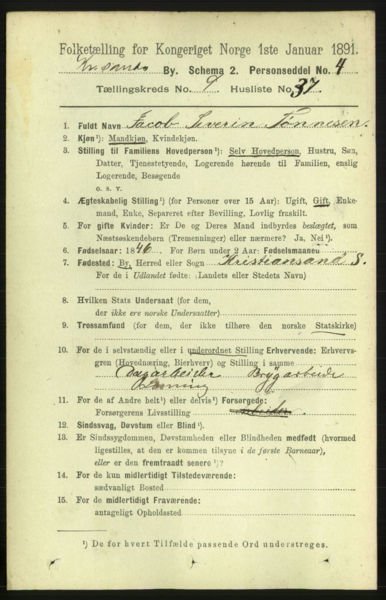 RA, 1891 census for 1001 Kristiansand, 1891, p. 5283