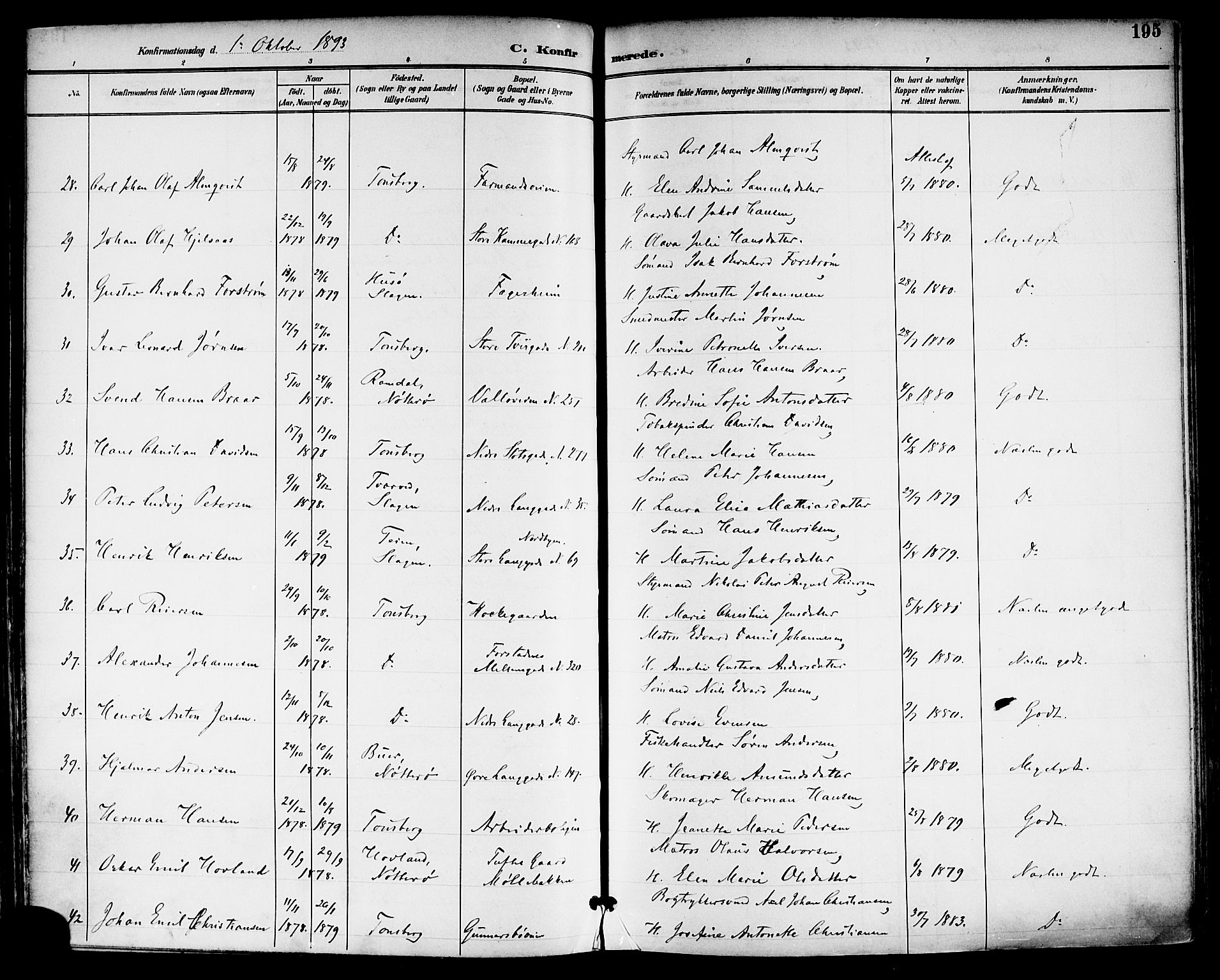 Tønsberg kirkebøker, AV/SAKO-A-330/F/Fa/L0012: Parish register (official) no. I 12, 1891-1899, p. 195