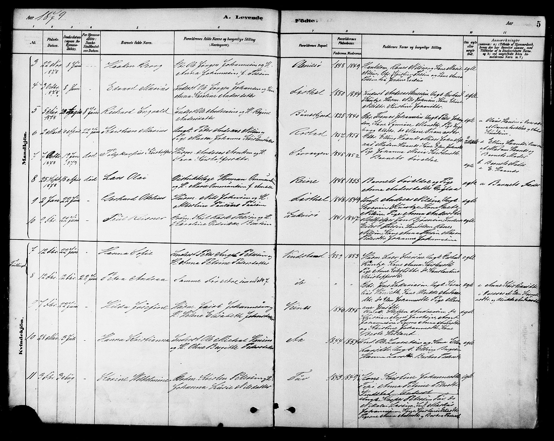 Ministerialprotokoller, klokkerbøker og fødselsregistre - Nordland, AV/SAT-A-1459/886/L1219: Parish register (official) no. 886A01, 1878-1892, p. 5