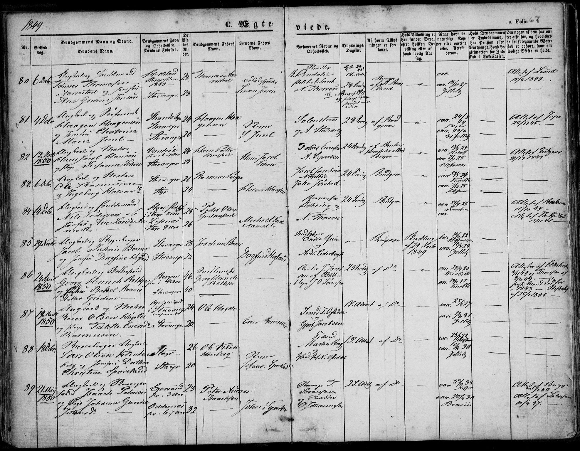 Domkirken sokneprestkontor, AV/SAST-A-101812/001/30/30BA/L0015: Parish register (official) no. A 14, 1842-1857, p. 67