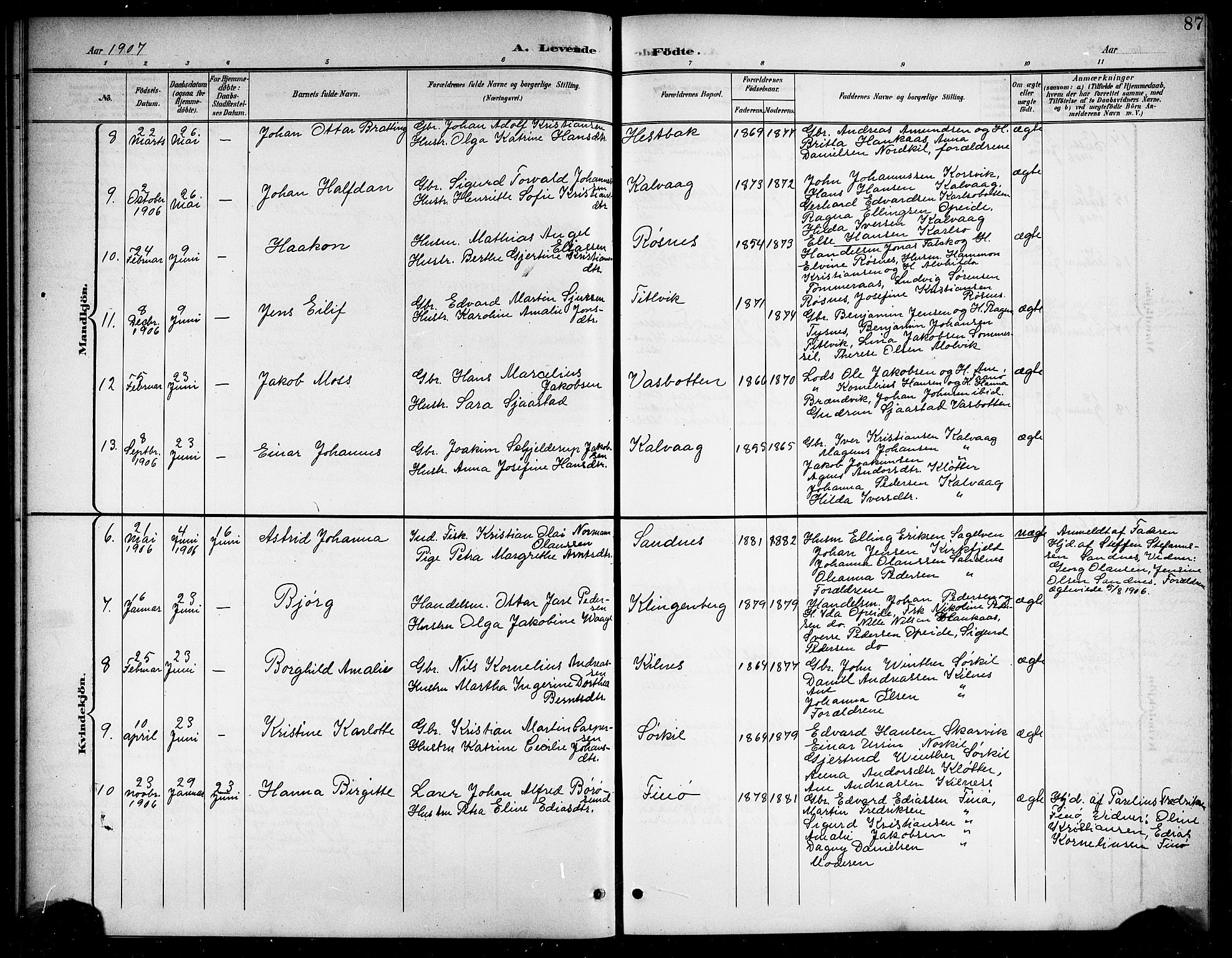 Ministerialprotokoller, klokkerbøker og fødselsregistre - Nordland, SAT/A-1459/859/L0860: Parish register (copy) no. 859C06, 1899-1909, p. 87