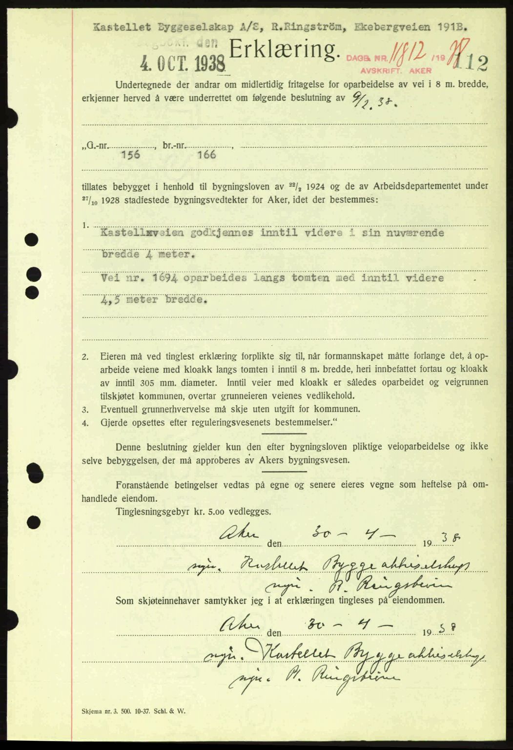 Aker herredsskriveri, SAO/A-10896/G/Gb/Gba/Gbab/L0025: Mortgage book no. A154-155, 1938-1938, Diary no: : 11812/1938