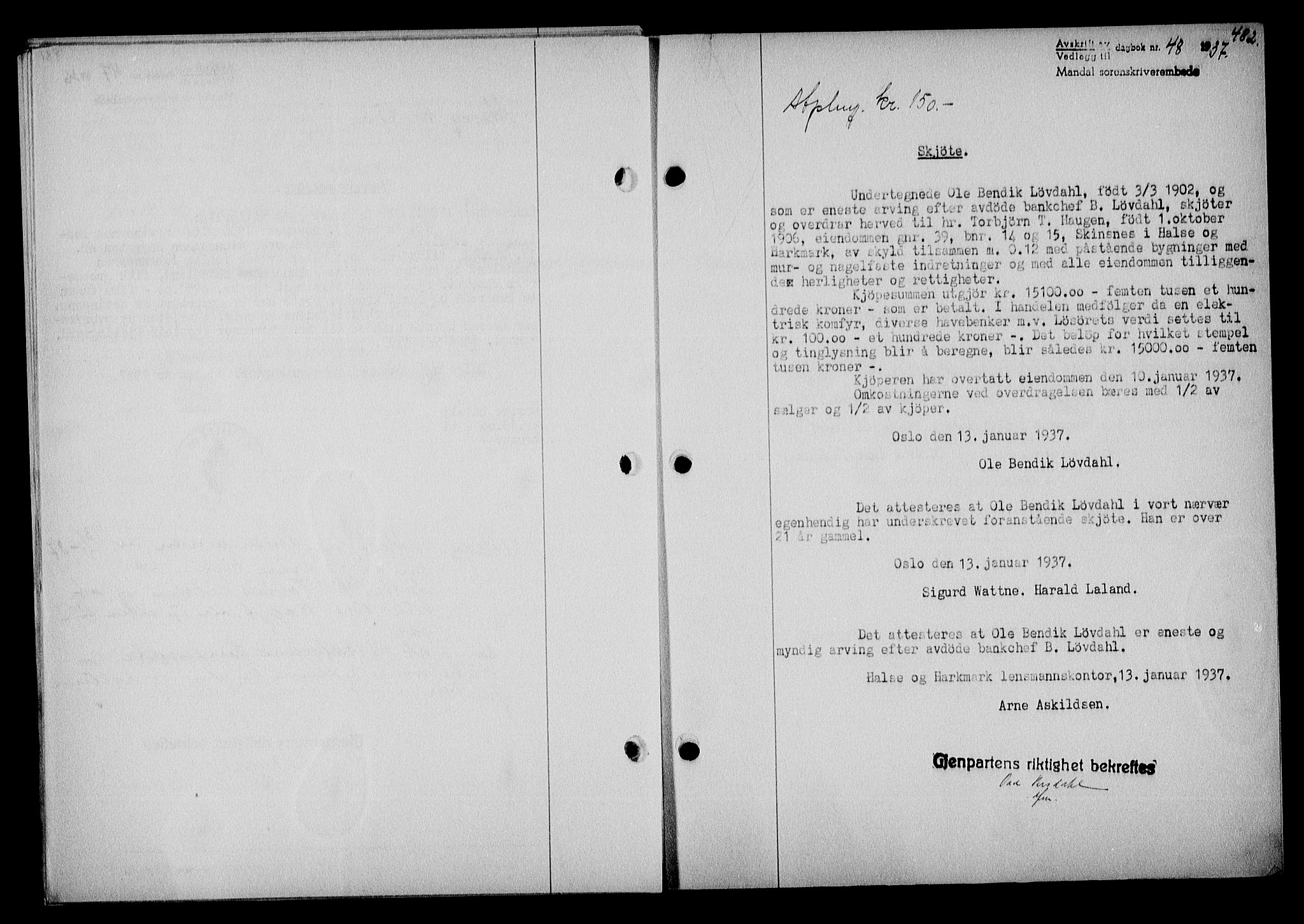 Mandal sorenskriveri, SAK/1221-0005/001/G/Gb/Gba/L0070: Mortgage book no. A-7, 1936-1937, Diary no: : 48/1937