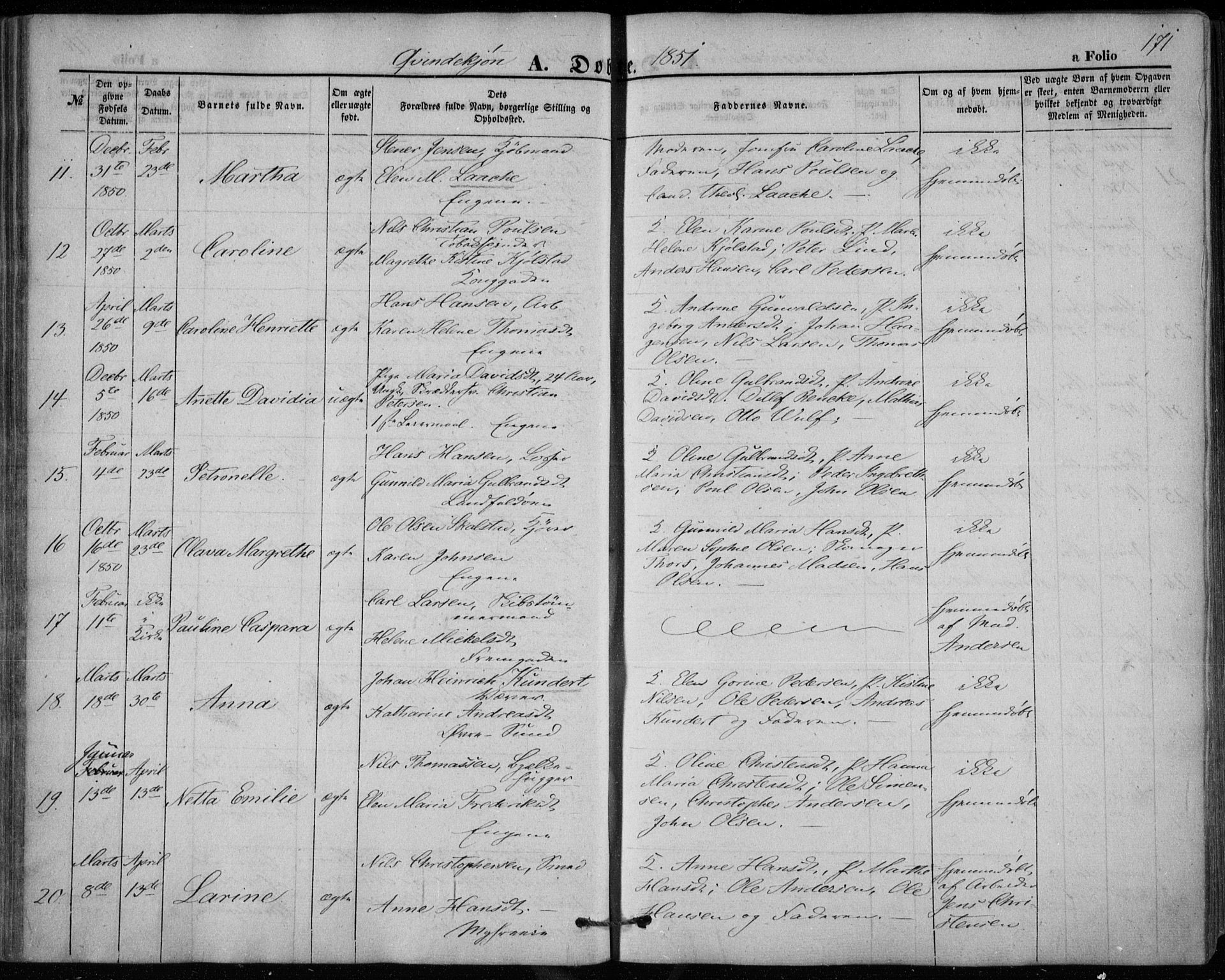 Bragernes kirkebøker, AV/SAKO-A-6/F/Fb/L0002: Parish register (official) no. II 2, 1848-1859, p. 171
