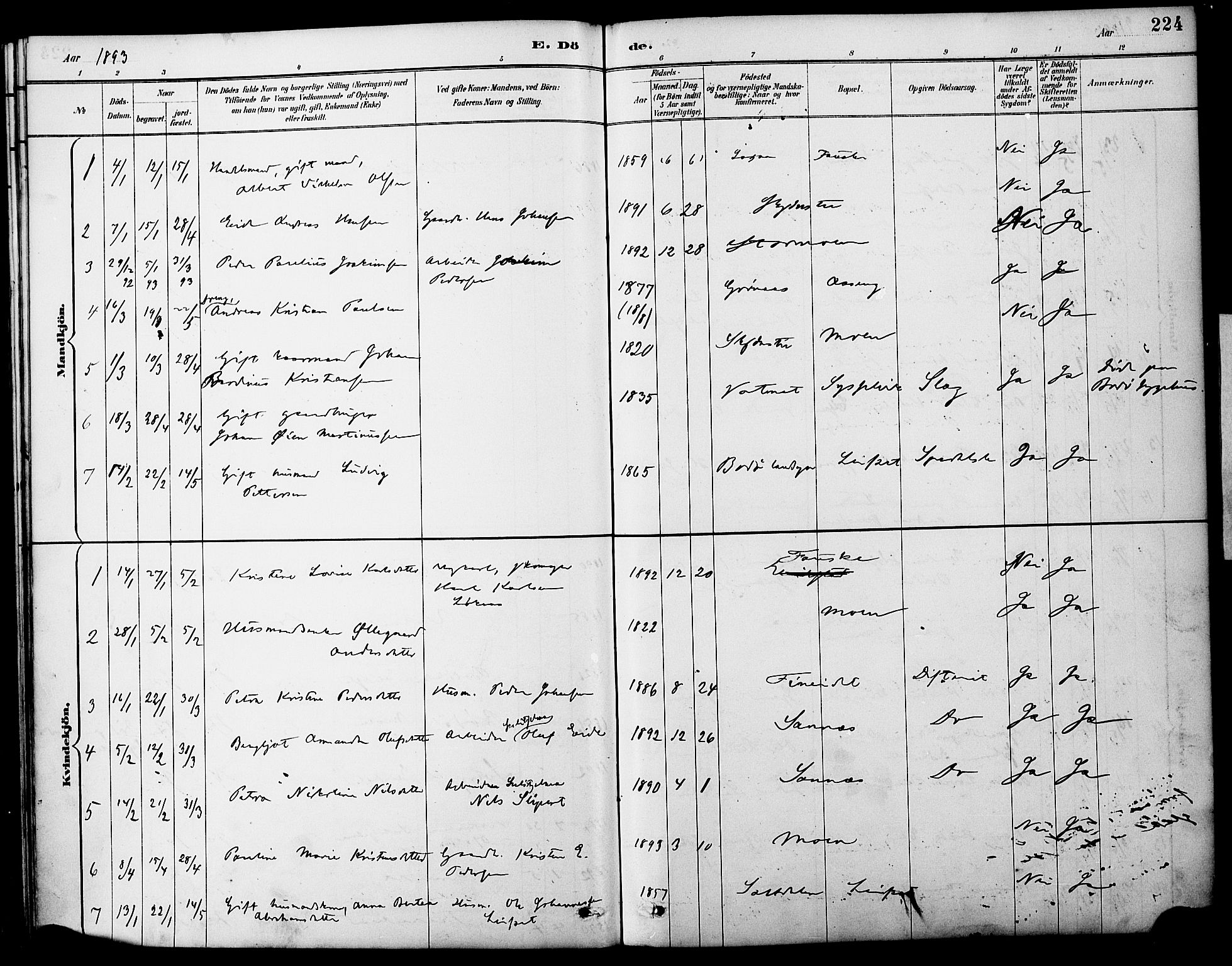 Ministerialprotokoller, klokkerbøker og fødselsregistre - Nordland, AV/SAT-A-1459/849/L0690: Parish register (official) no. 849A02, 1890-1897, p. 224